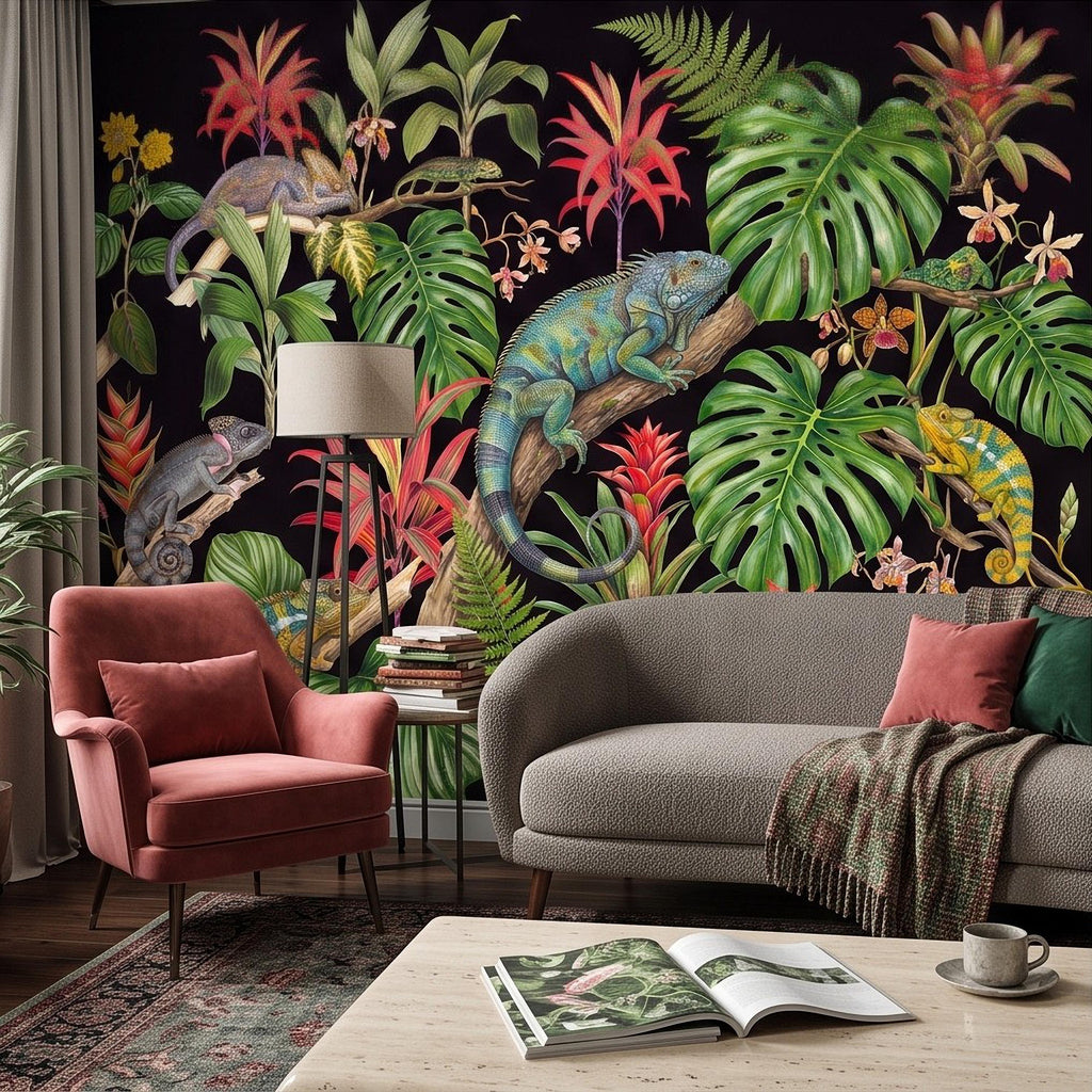Tropical Chameleon Peel and Stick Wall Mural, Exotic Rainforest Monstera Bromeliad Orchid Jungle Botanical Wallpaper