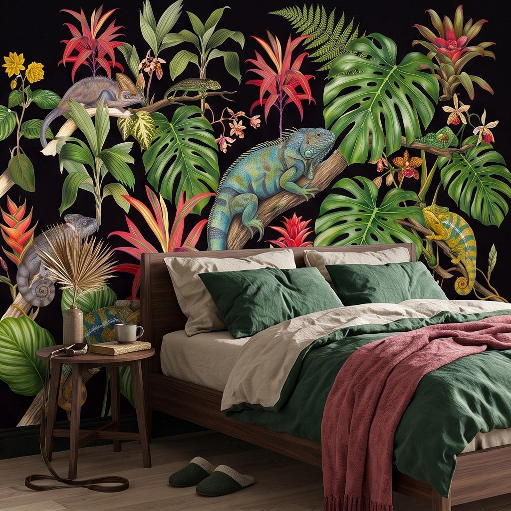 Tropical Chameleon Peel and Stick Wall Mural, Exotic Rainforest Monstera Bromeliad Orchid Jungle Botanical Wallpaper