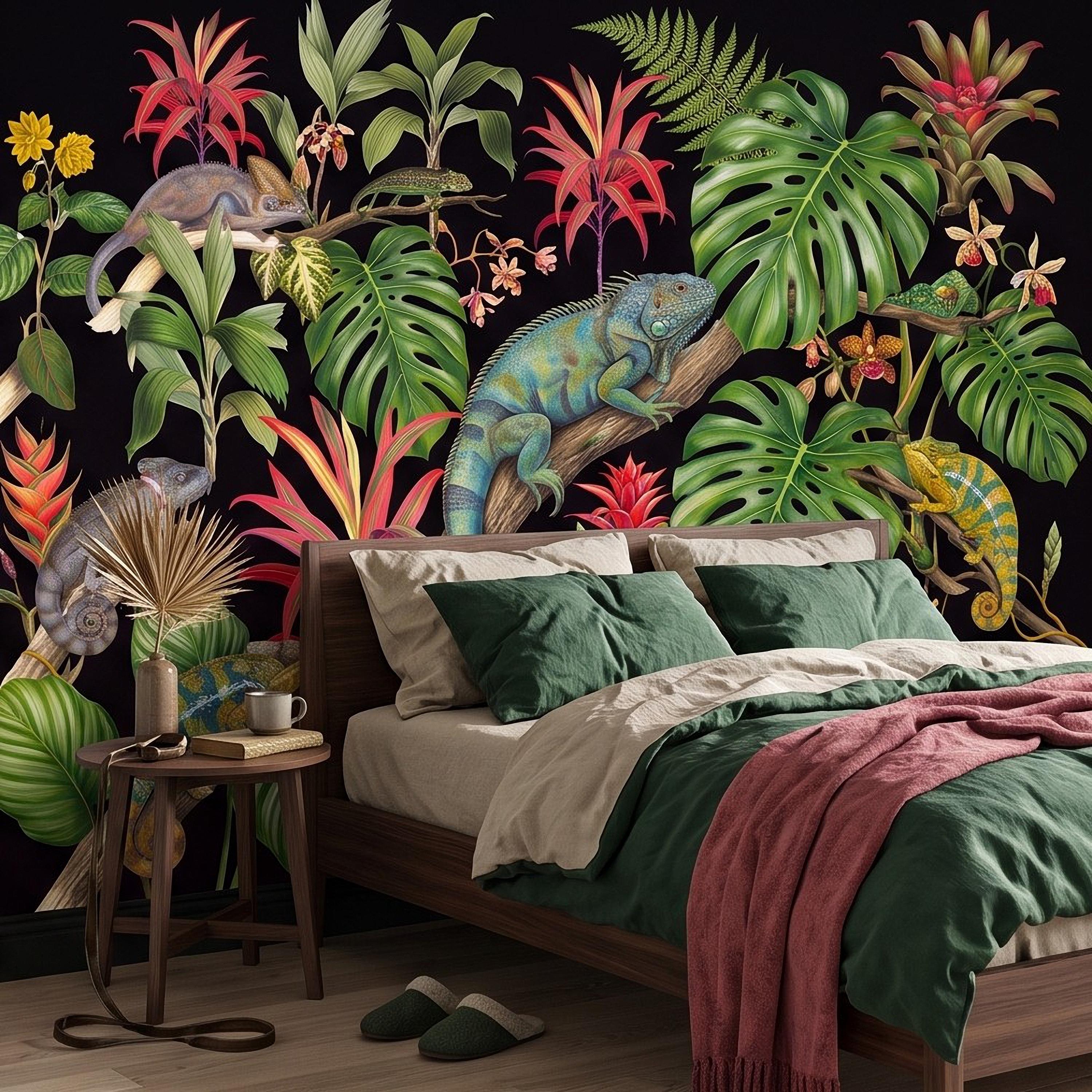 Tropical Chameleon Peel and Stick Wall Mural, Exotic Rainforest Monstera Bromeliad Orchid Jungle Botanical Wallpaper