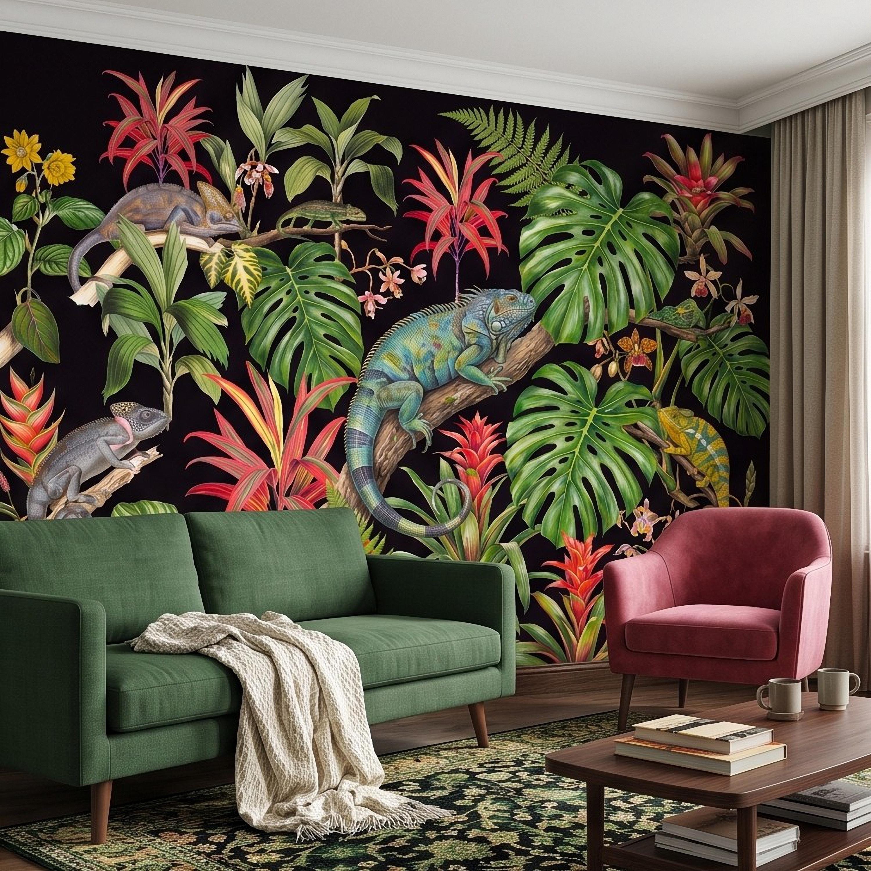 Tropical Chameleon Peel and Stick Wall Mural, Exotic Rainforest Monstera Bromeliad Orchid Jungle Botanical Wallpaper
