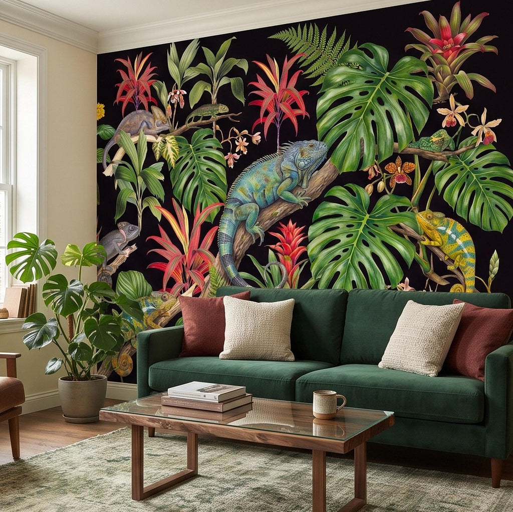 Tropical Chameleon Peel and Stick Wall Mural, Exotic Rainforest Monstera Bromeliad Orchid Jungle Botanical Wallpaper