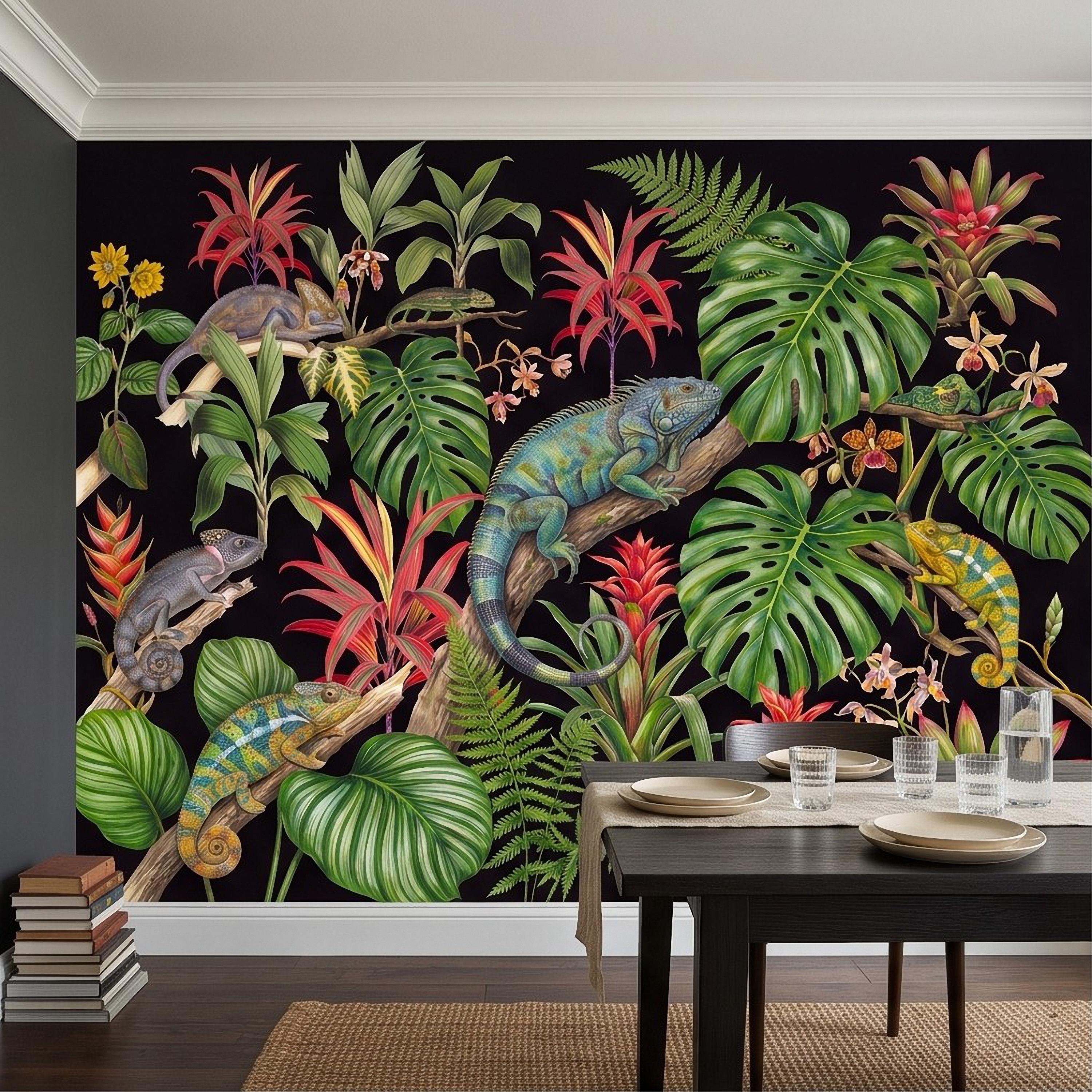 Tropical Chameleon Peel and Stick Wall Mural, Exotic Rainforest Monstera Bromeliad Orchid Jungle Botanical Wallpaper