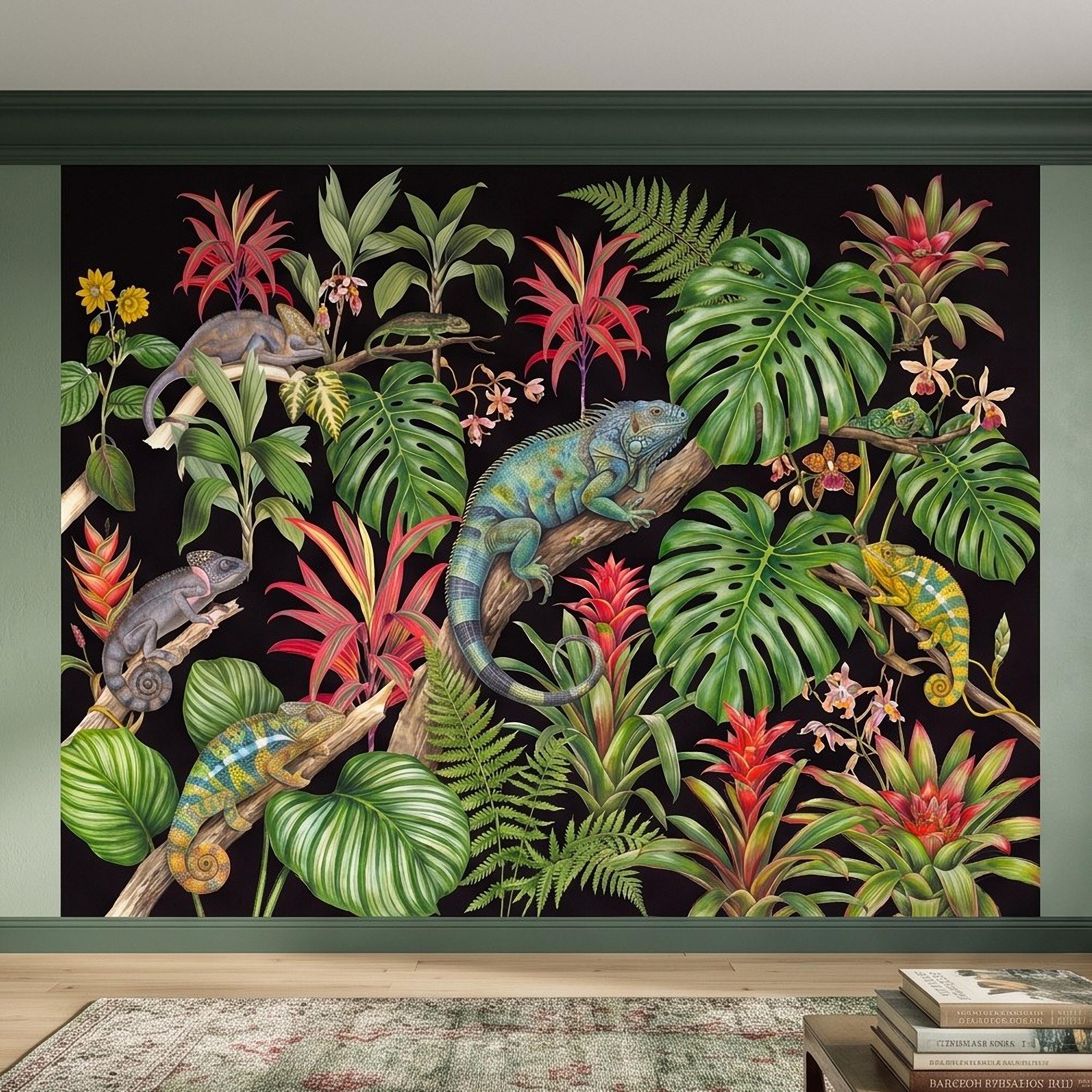 Tropical Chameleon Peel and Stick Wall Mural, Exotic Rainforest Monstera Bromeliad Orchid Jungle Botanical Wallpaper