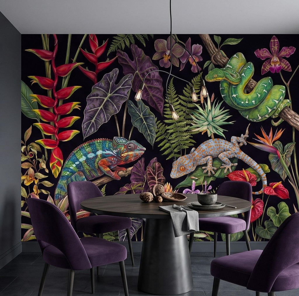 Tropical Reptile Peel and Stick Wall Mural, Chameleon Gecko Emerald Tree Python Exotic Jungle Botanical Wallpaper