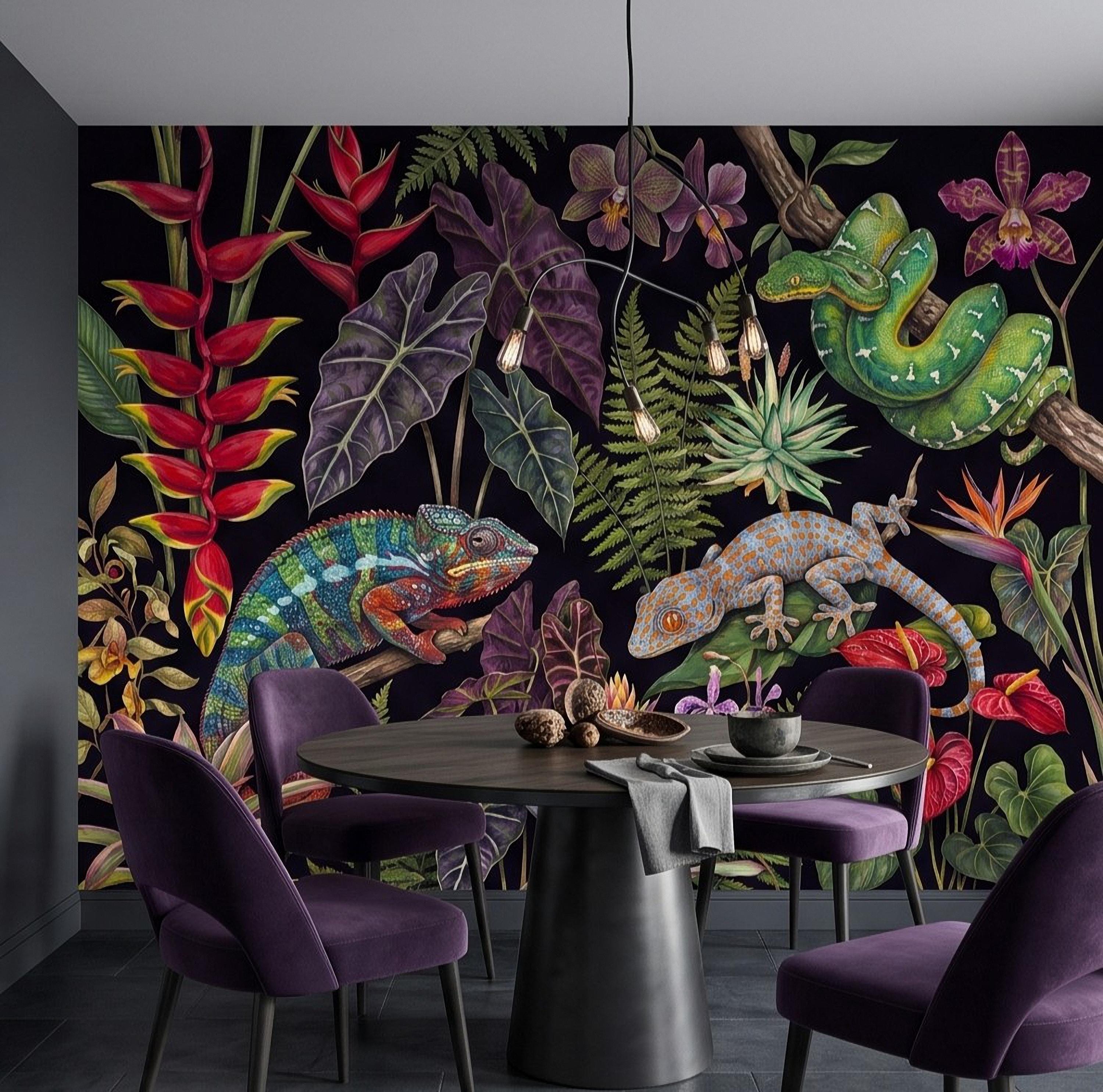Tropical Reptile Peel and Stick Wall Mural, Chameleon Gecko Emerald Tree Python Exotic Jungle Botanical Wallpaper
