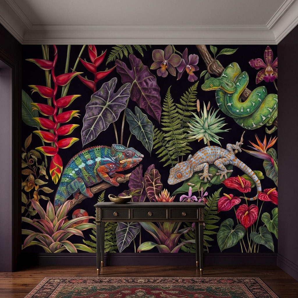 Tropical Reptile Peel and Stick Wall Mural, Chameleon Gecko Emerald Tree Python Exotic Jungle Botanical Wallpaper