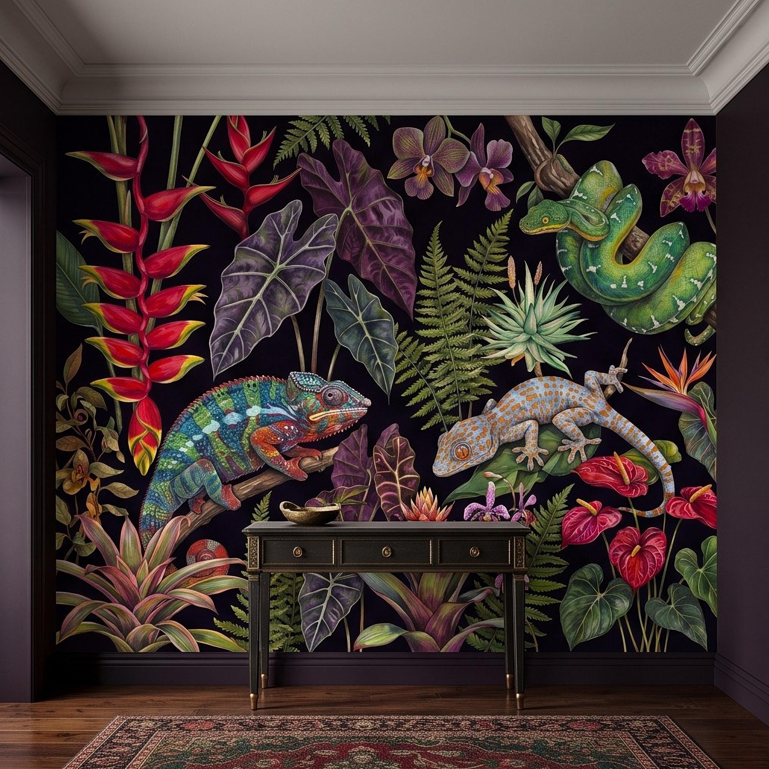 Tropical Reptile Peel and Stick Wall Mural, Chameleon Gecko Emerald Tree Python Exotic Jungle Botanical Wallpaper
