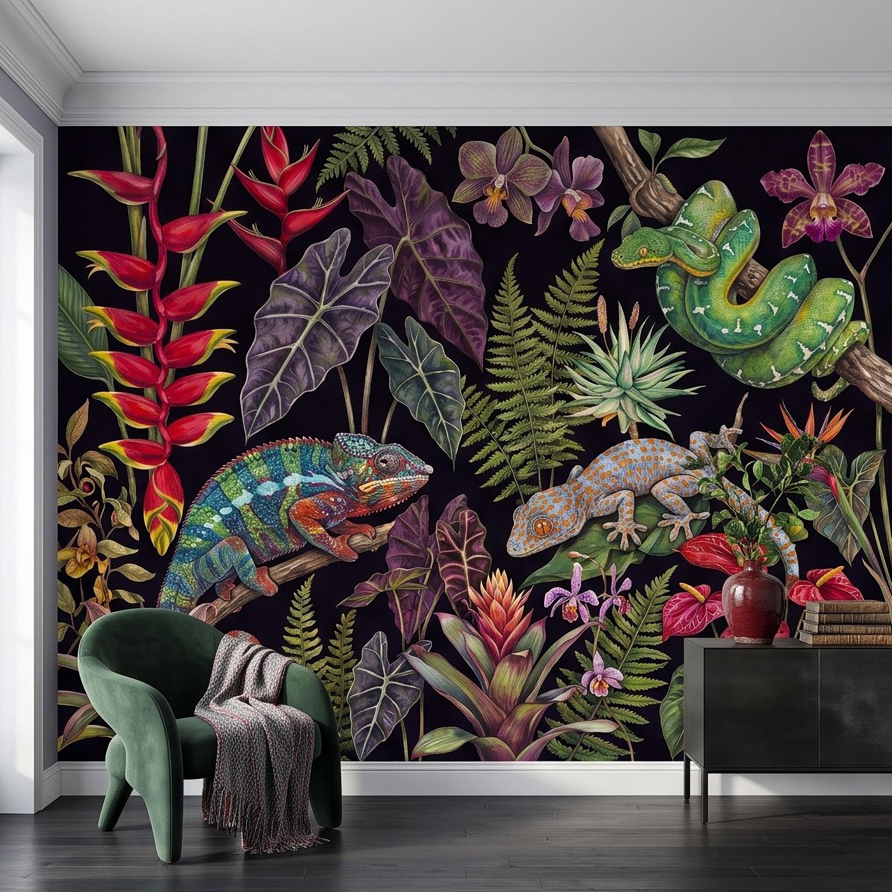 Tropical Reptile Peel and Stick Wall Mural, Chameleon Gecko Emerald Tree Python Exotic Jungle Botanical Wallpaper