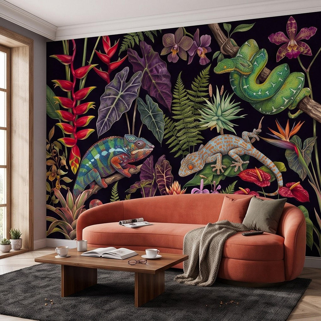 Tropical Reptile Peel and Stick Wall Mural, Chameleon Gecko Emerald Tree Python Exotic Jungle Botanical Wallpaper