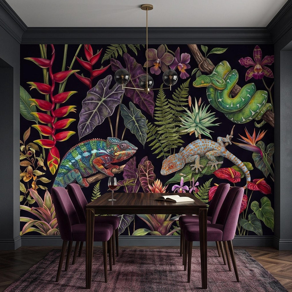 Tropical Reptile Peel and Stick Wall Mural, Chameleon Gecko Emerald Tree Python Exotic Jungle Botanical Wallpaper