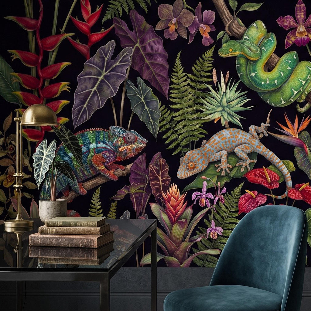 Tropical Reptile Peel and Stick Wall Mural, Chameleon Gecko Emerald Tree Python Exotic Jungle Botanical Wallpaper