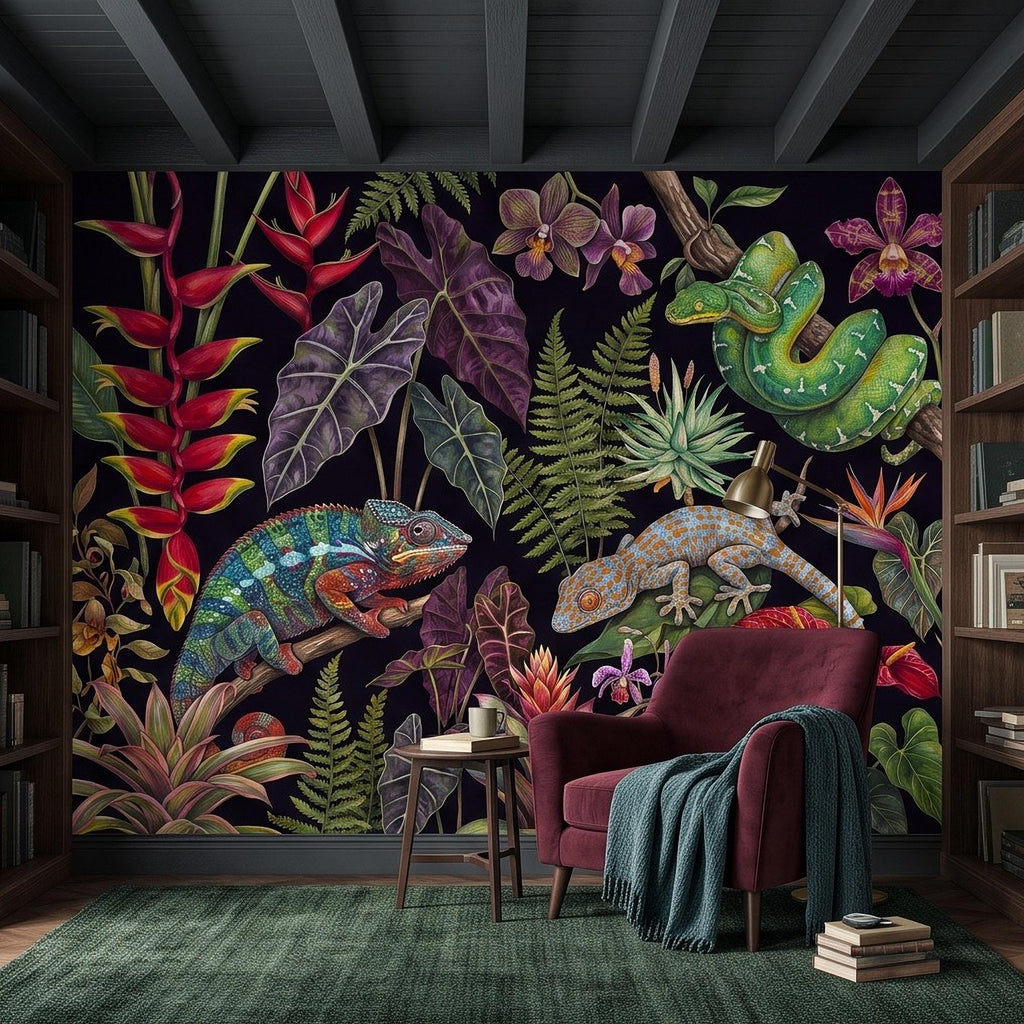 Tropical Reptile Peel and Stick Wall Mural, Chameleon Gecko Emerald Tree Python Exotic Jungle Botanical Wallpaper