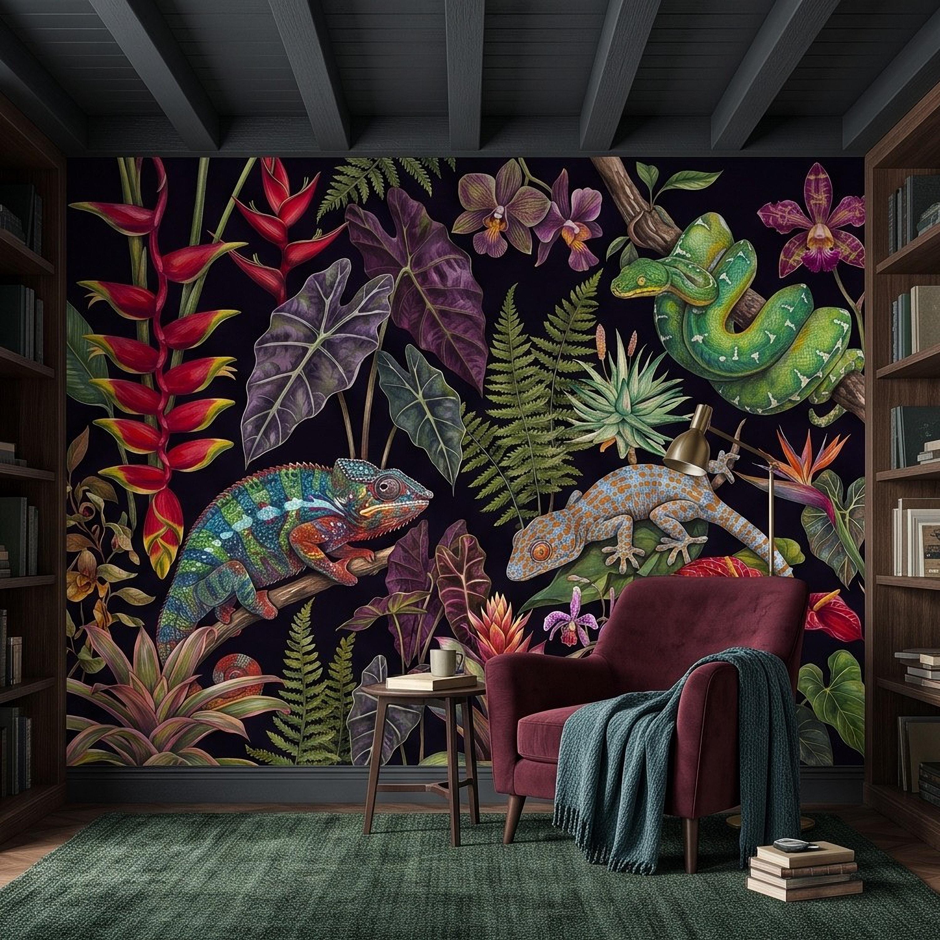 Tropical Reptile Peel and Stick Wall Mural, Chameleon Gecko Emerald Tree Python Exotic Jungle Botanical Wallpaper