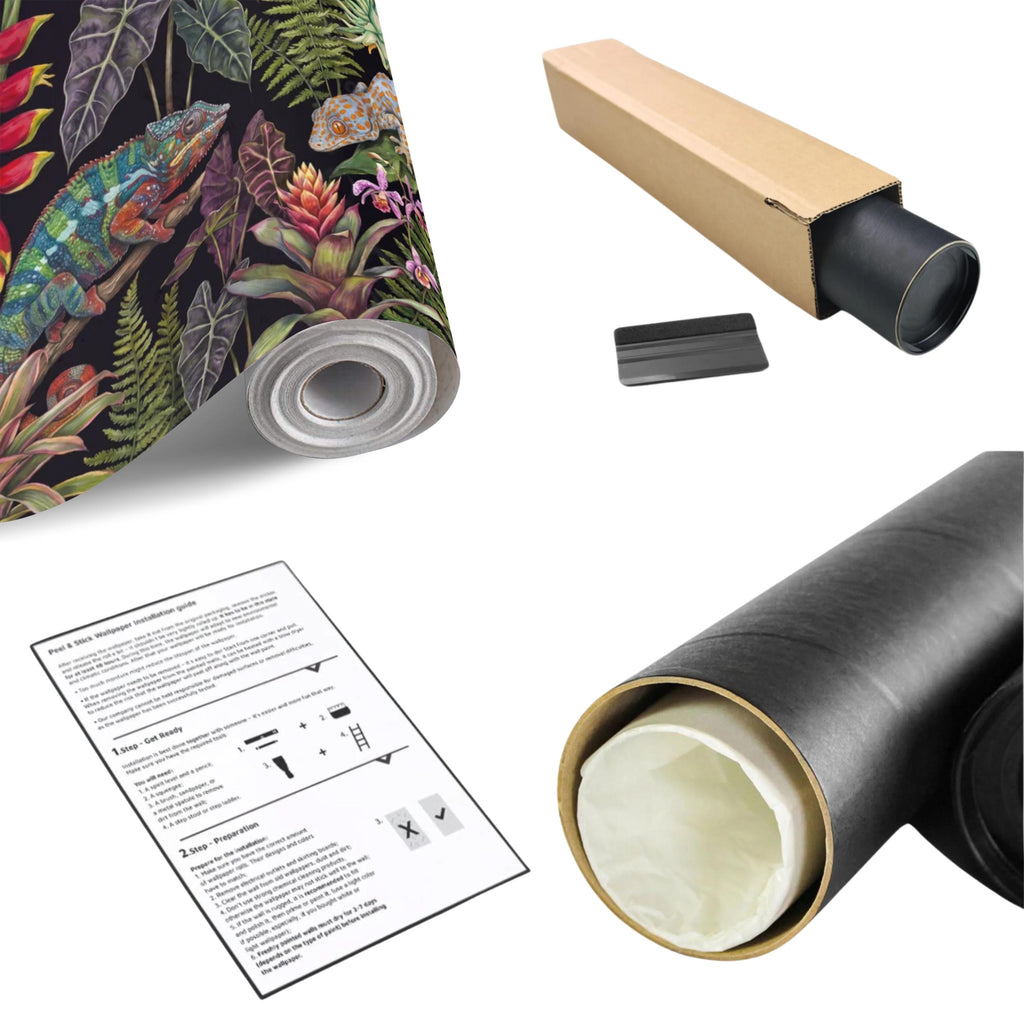 Tropical Reptile Peel and Stick Wall Mural, Chameleon Gecko Emerald Tree Python Exotic Jungle Botanical Wallpaper