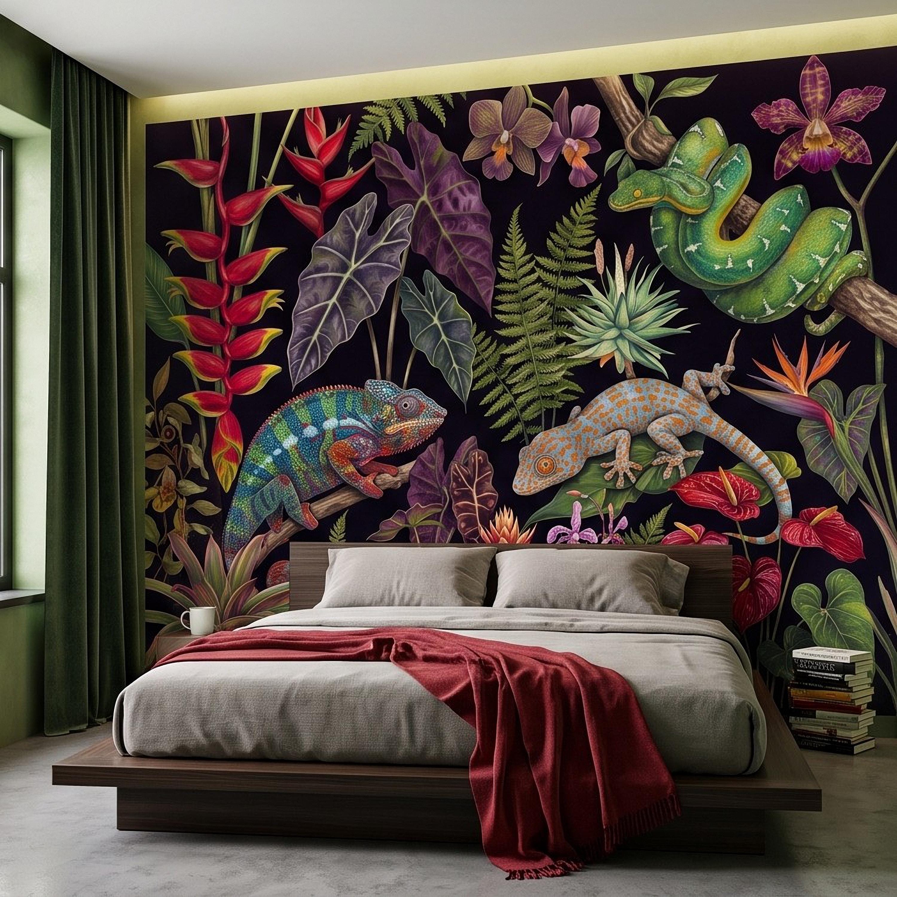 Tropical Reptile Peel and Stick Wall Mural, Chameleon Gecko Emerald Tree Python Exotic Jungle Botanical Wallpaper