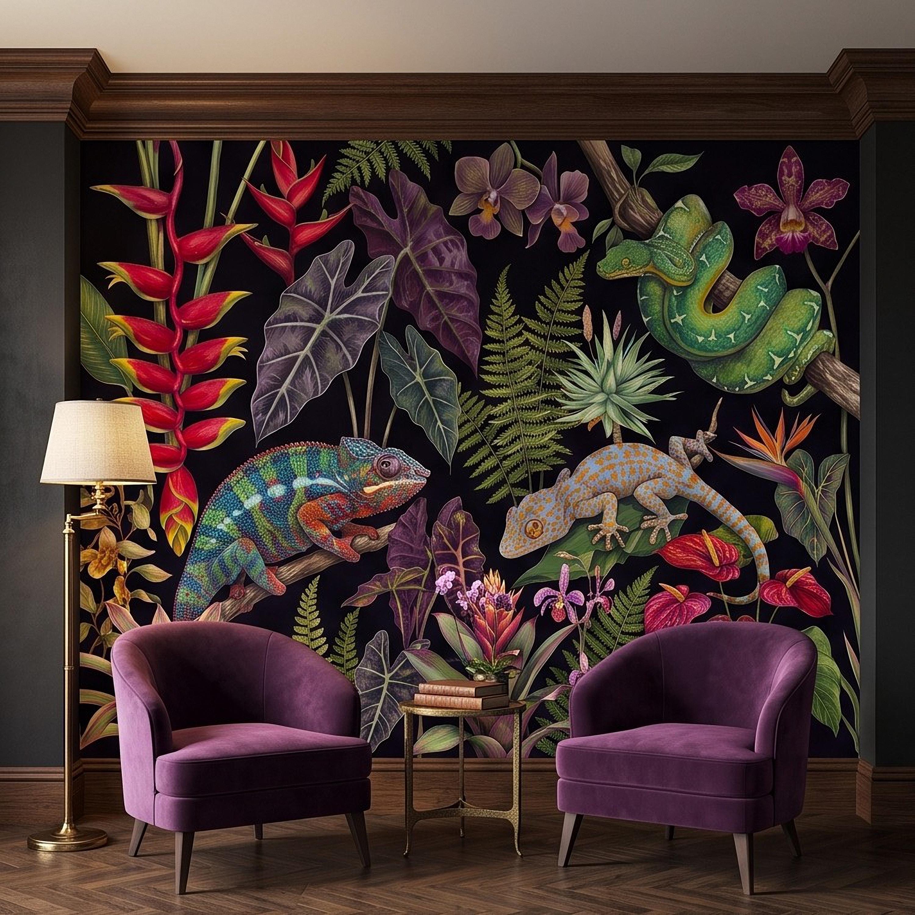 Tropical Reptile Peel and Stick Wall Mural, Chameleon Gecko Emerald Tree Python Exotic Jungle Botanical Wallpaper