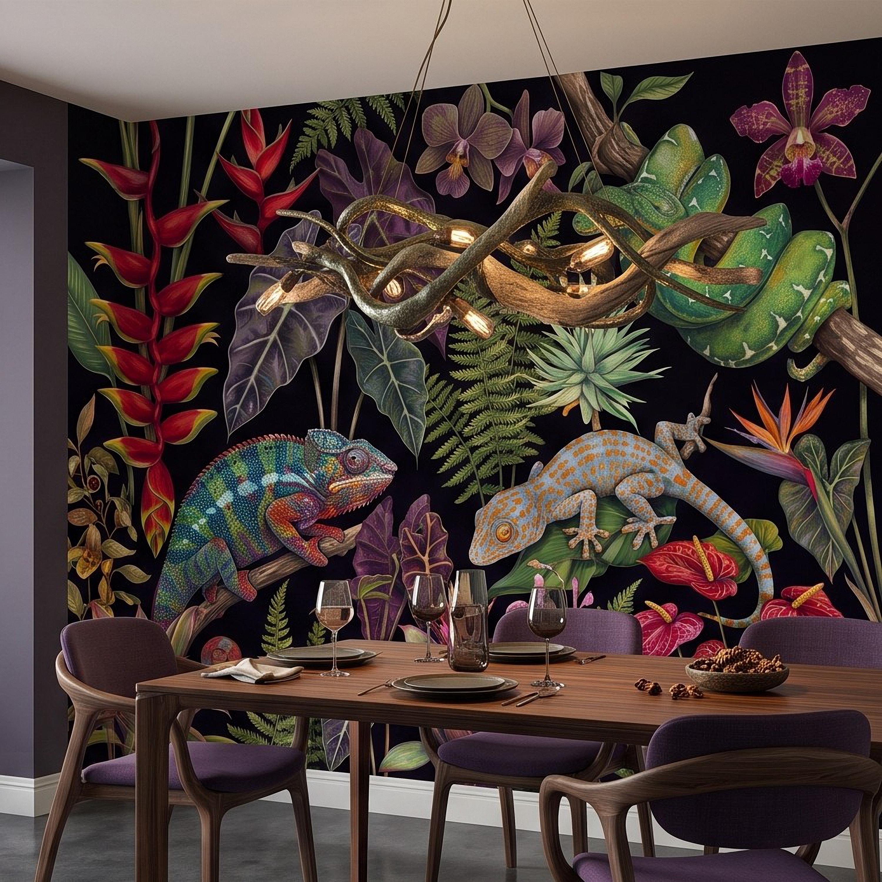Tropical Reptile Peel and Stick Wall Mural, Chameleon Gecko Emerald Tree Python Exotic Jungle Botanical Wallpaper