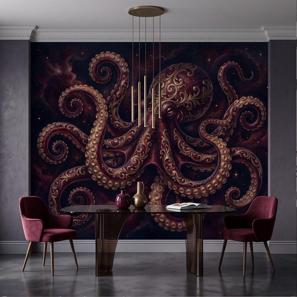 Burgundy Octopus Peel and Stick Wall Mural, Antique Gold Baroque Tentacles, Celestial Cosmic Dark Fantasy Wallpaper
