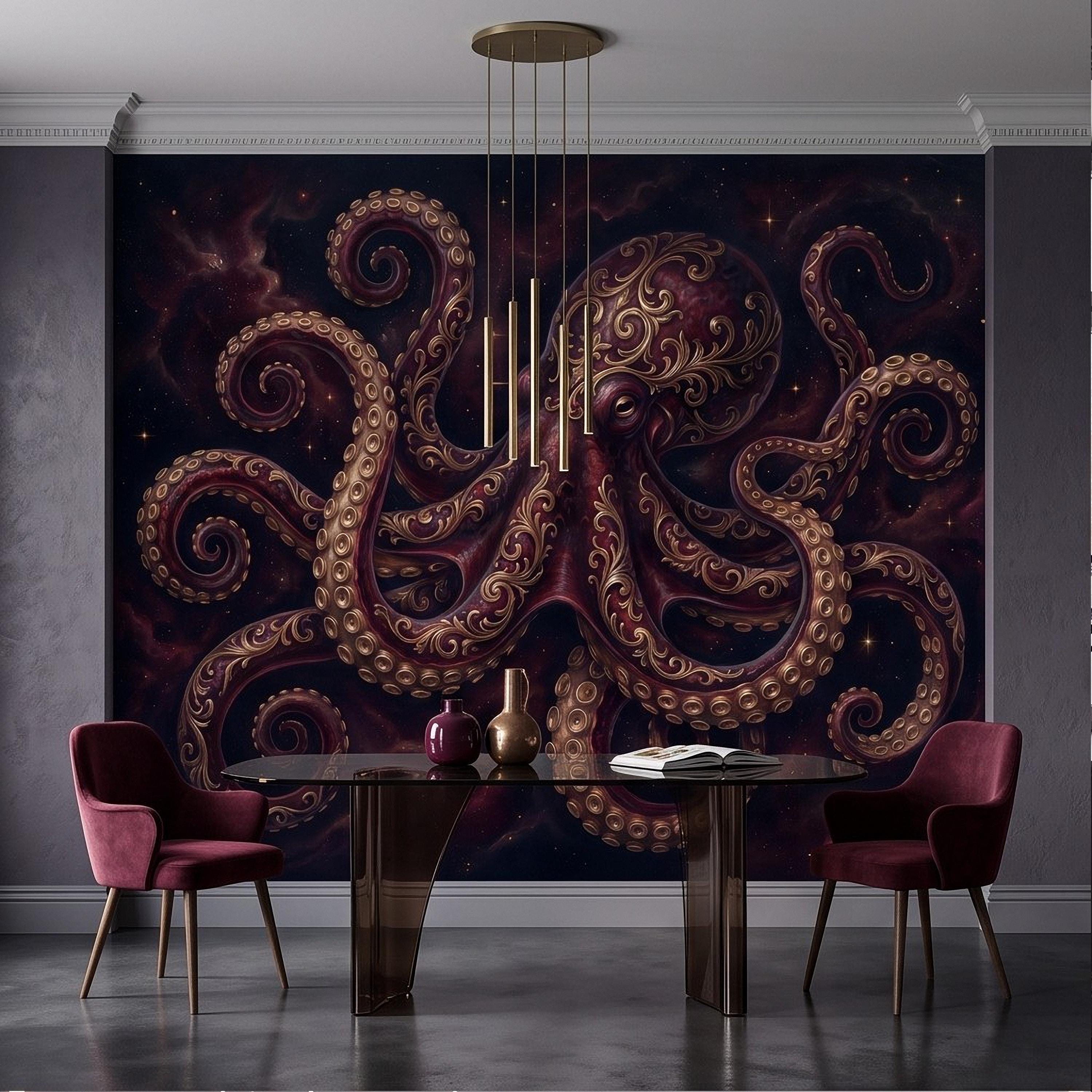 Burgundy Octopus Peel and Stick Wall Mural, Antique Gold Baroque Tentacles, Celestial Cosmic Dark Fantasy Wallpaper