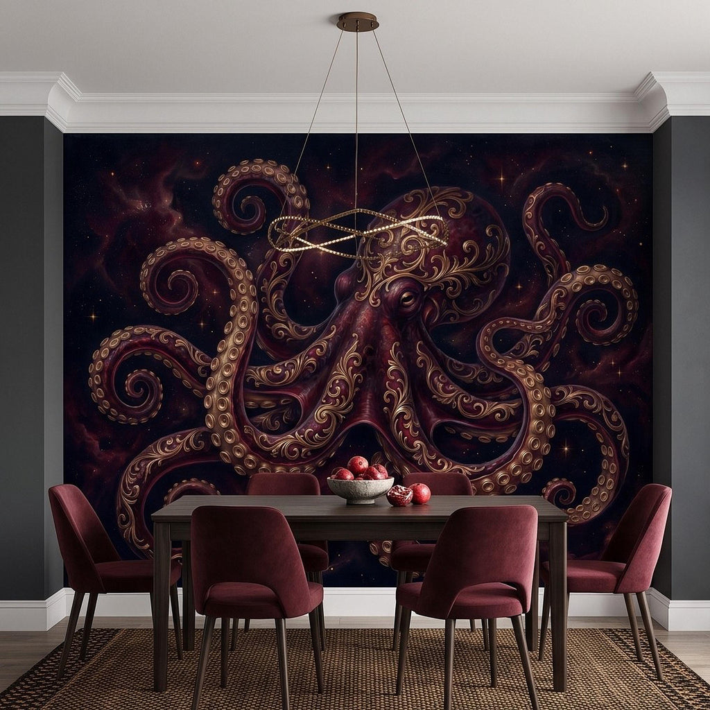 Burgundy Octopus Peel and Stick Wall Mural, Antique Gold Baroque Tentacles, Celestial Cosmic Dark Fantasy Wallpaper