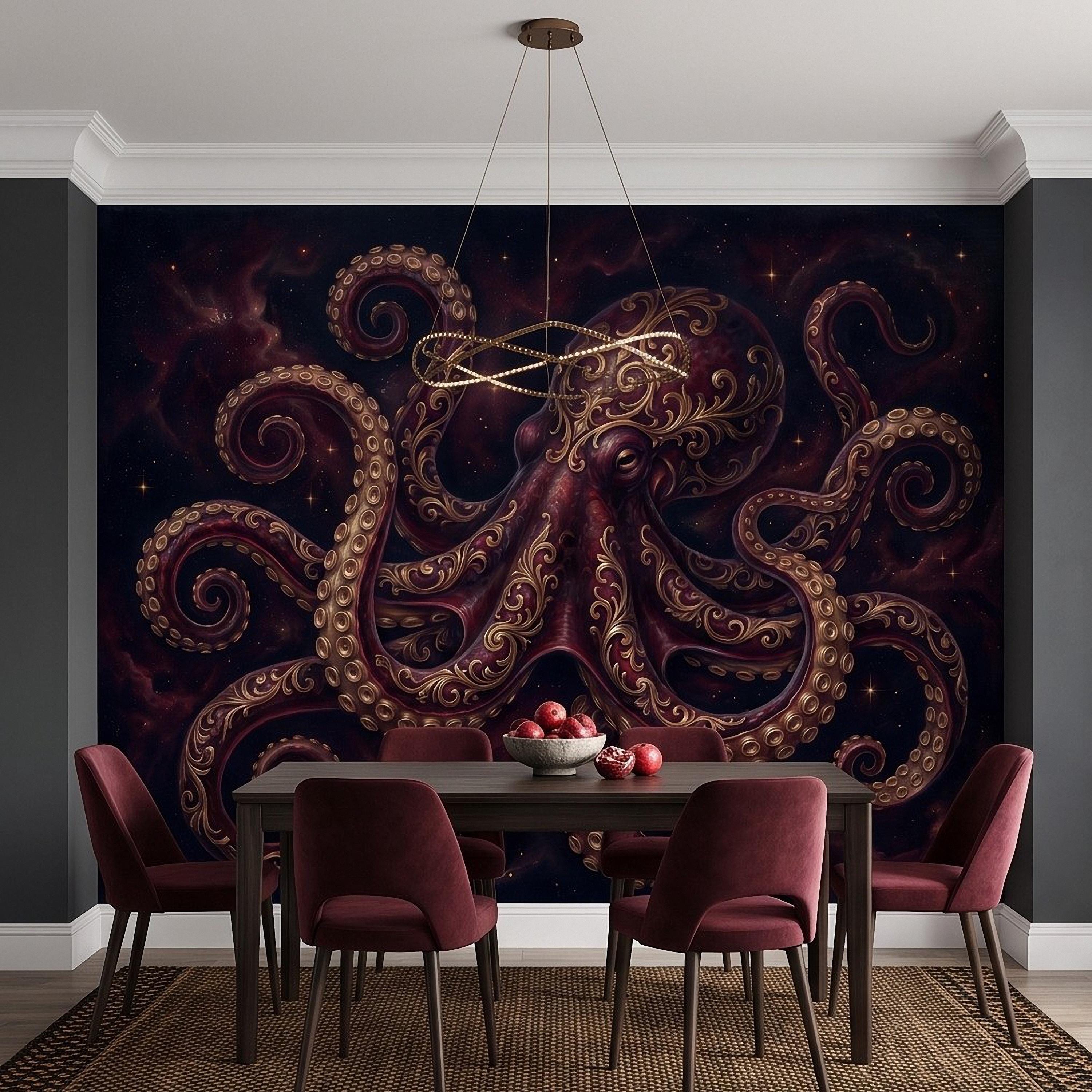 Burgundy Octopus Peel and Stick Wall Mural, Antique Gold Baroque Tentacles, Celestial Cosmic Dark Fantasy Wallpaper