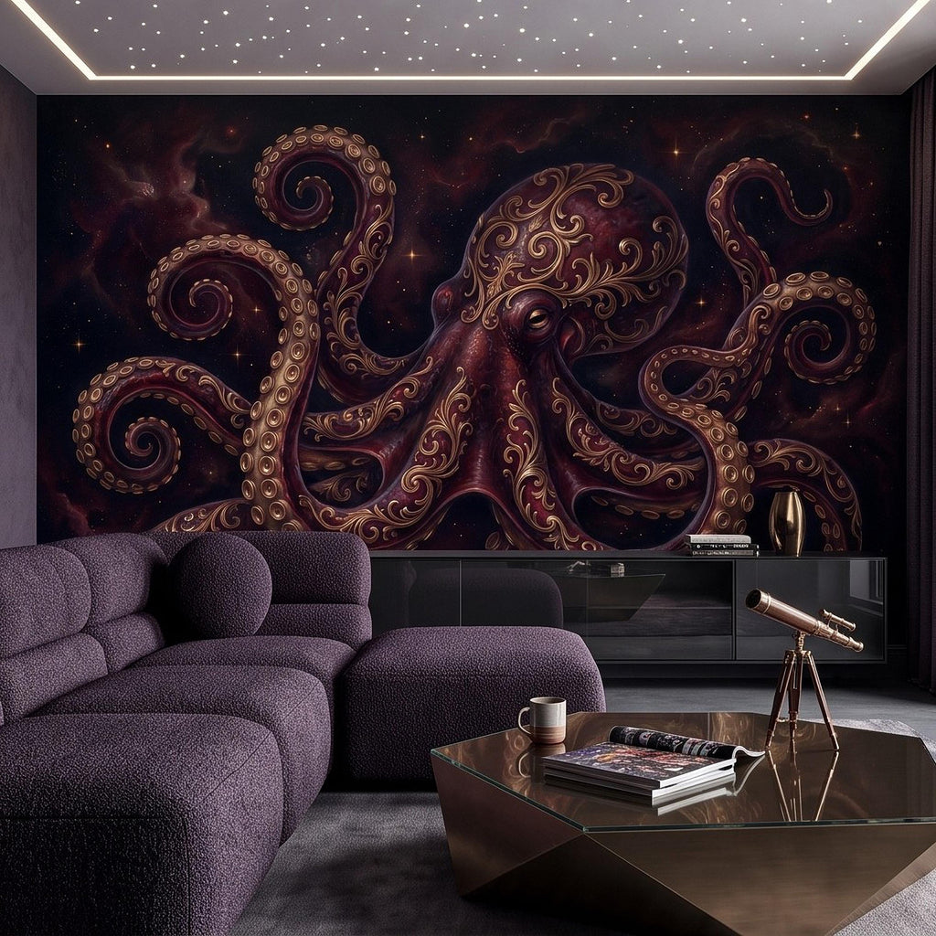 Burgundy Octopus Peel and Stick Wall Mural, Antique Gold Baroque Tentacles, Celestial Cosmic Dark Fantasy Wallpaper