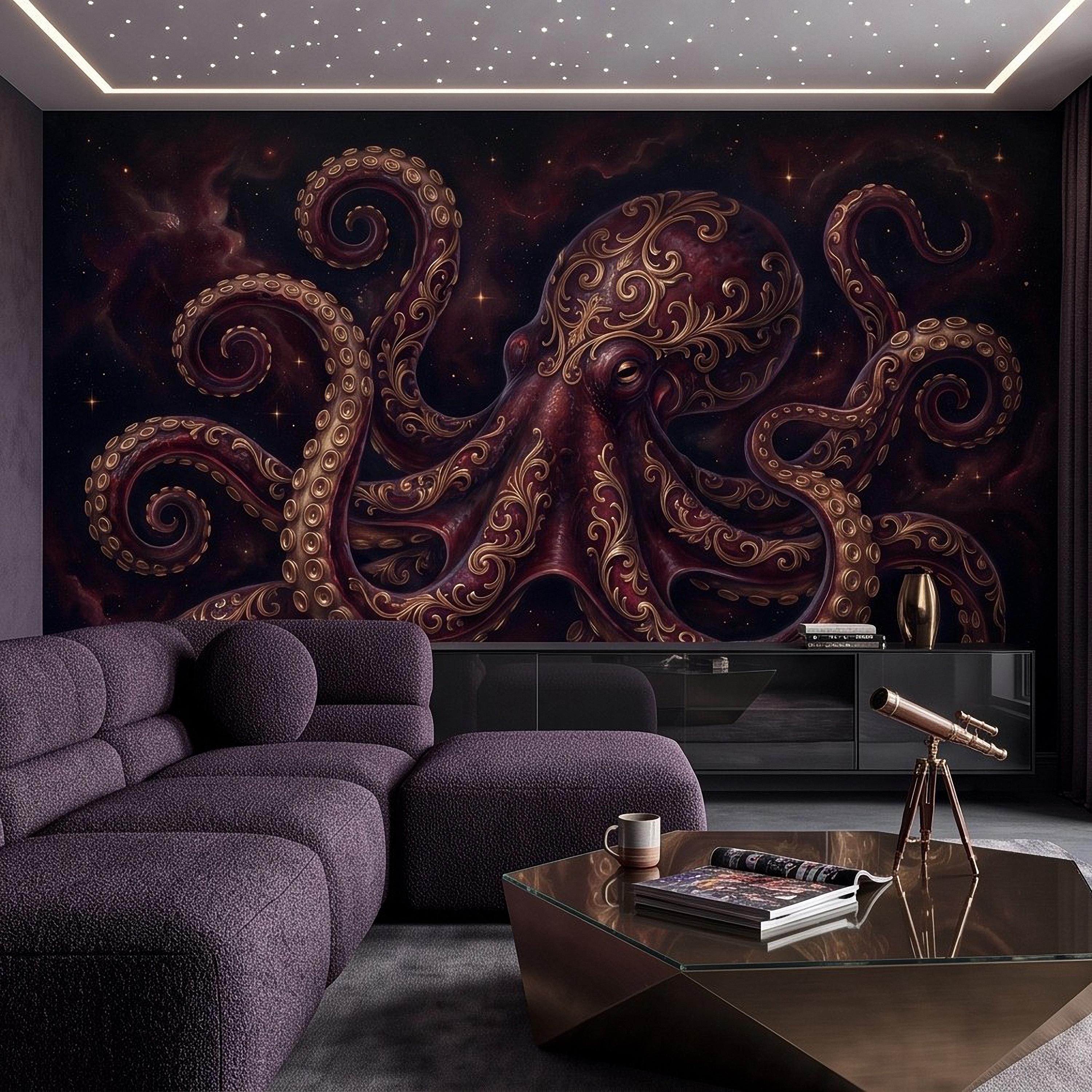 Burgundy Octopus Peel and Stick Wall Mural, Antique Gold Baroque Tentacles, Celestial Cosmic Dark Fantasy Wallpaper