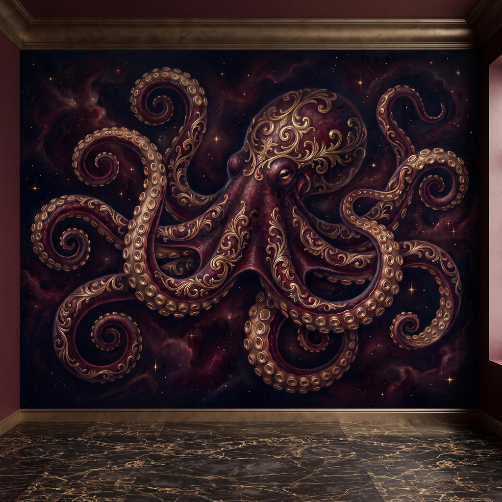 Burgundy Octopus Peel and Stick Wall Mural, Antique Gold Baroque Tentacles, Celestial Cosmic Dark Fantasy Wallpaper