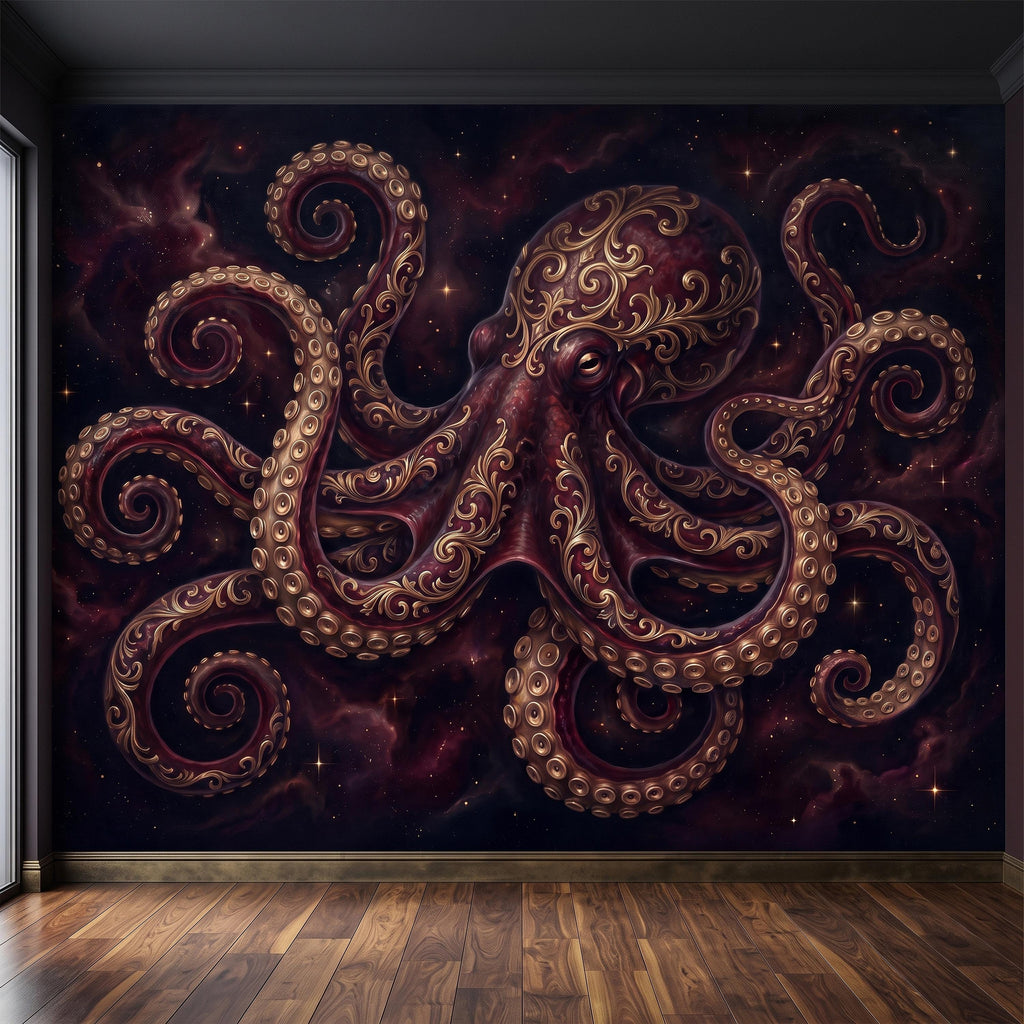 Burgundy Octopus Peel and Stick Wall Mural, Antique Gold Baroque Tentacles, Celestial Cosmic Dark Fantasy Wallpaper