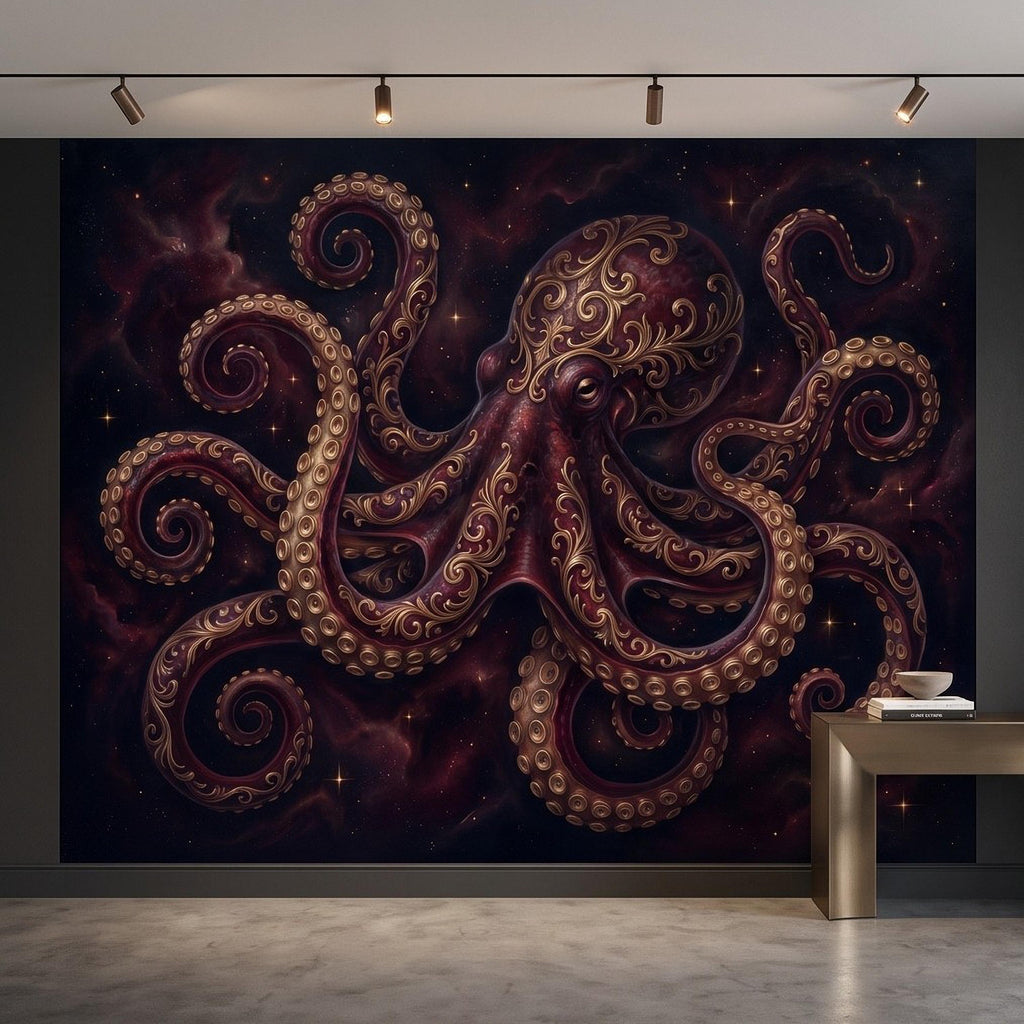 Burgundy Octopus Peel and Stick Wall Mural, Antique Gold Baroque Tentacles, Celestial Cosmic Dark Fantasy Wallpaper