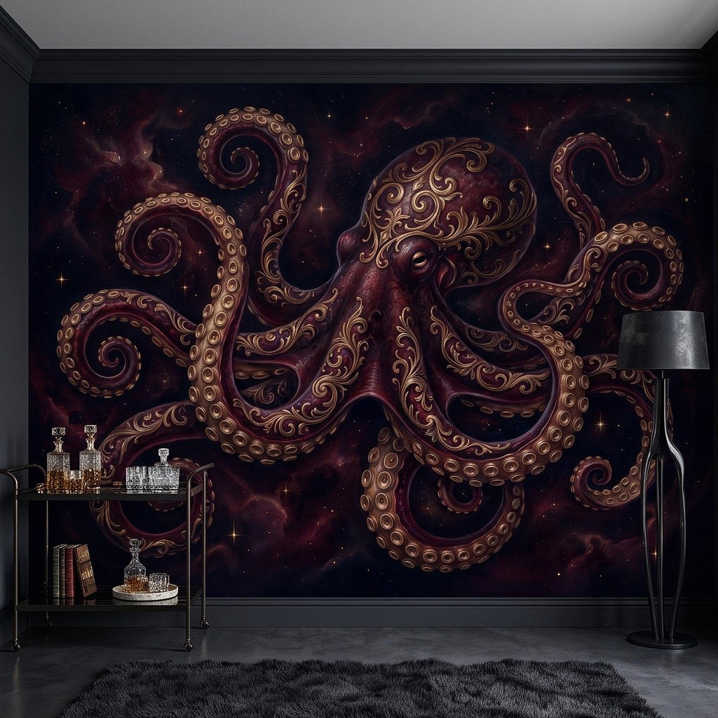 Burgundy Octopus Peel and Stick Wall Mural, Antique Gold Baroque Tentacles, Celestial Cosmic Dark Fantasy Wallpaper