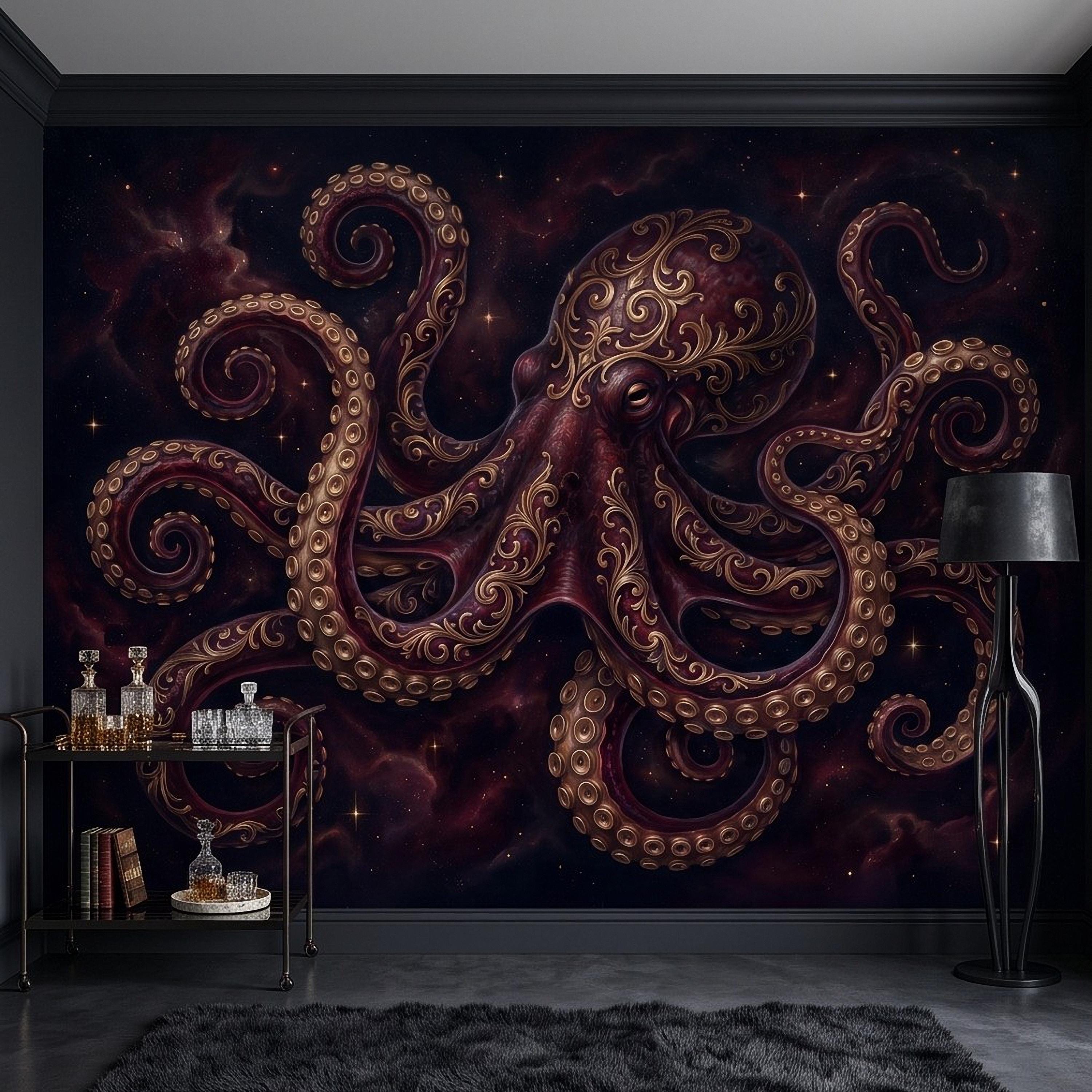 Burgundy Octopus Peel and Stick Wall Mural, Antique Gold Baroque Tentacles, Celestial Cosmic Dark Fantasy Wallpaper