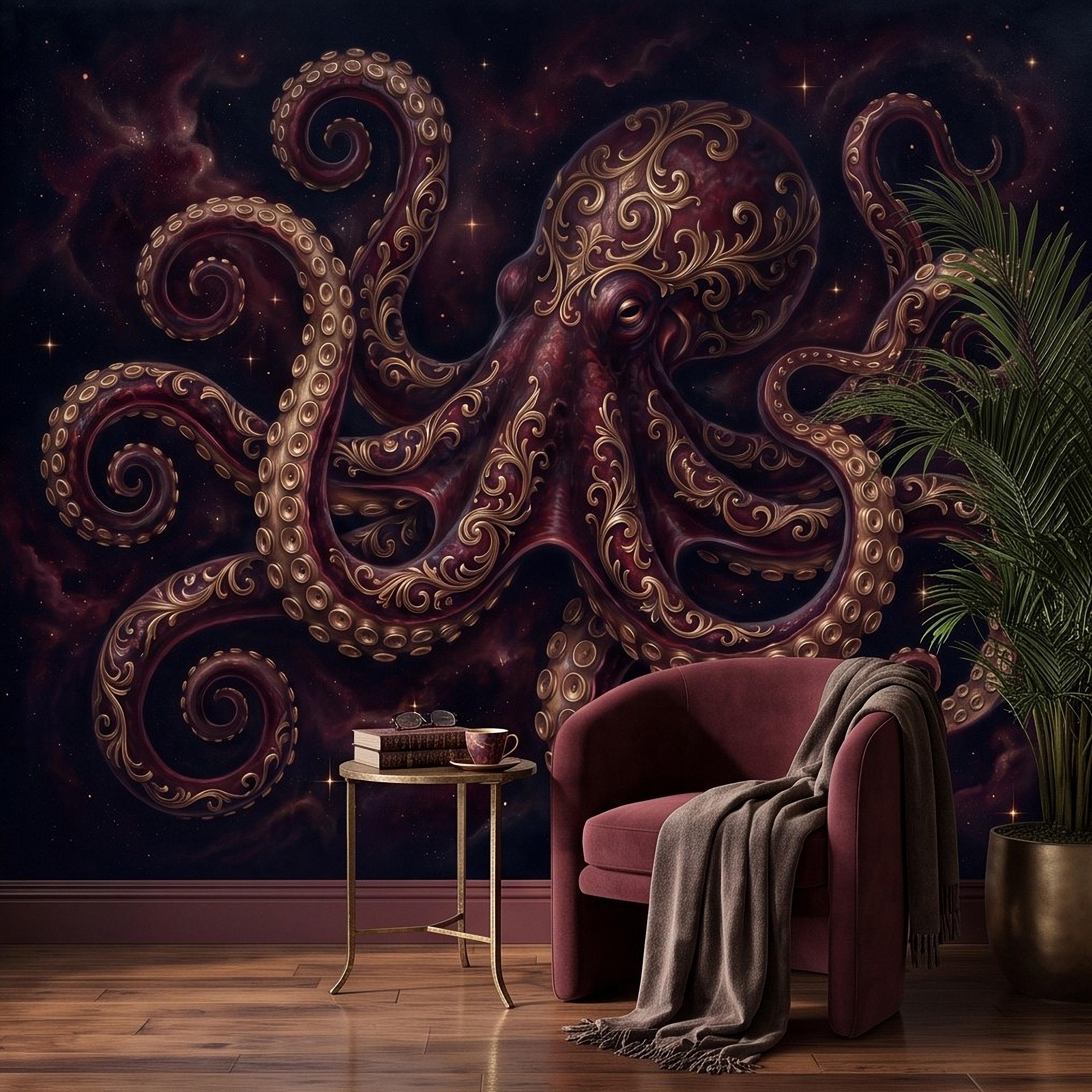 Burgundy Octopus Peel and Stick Wall Mural, Antique Gold Baroque Tentacles, Celestial Cosmic Dark Fantasy Wallpaper