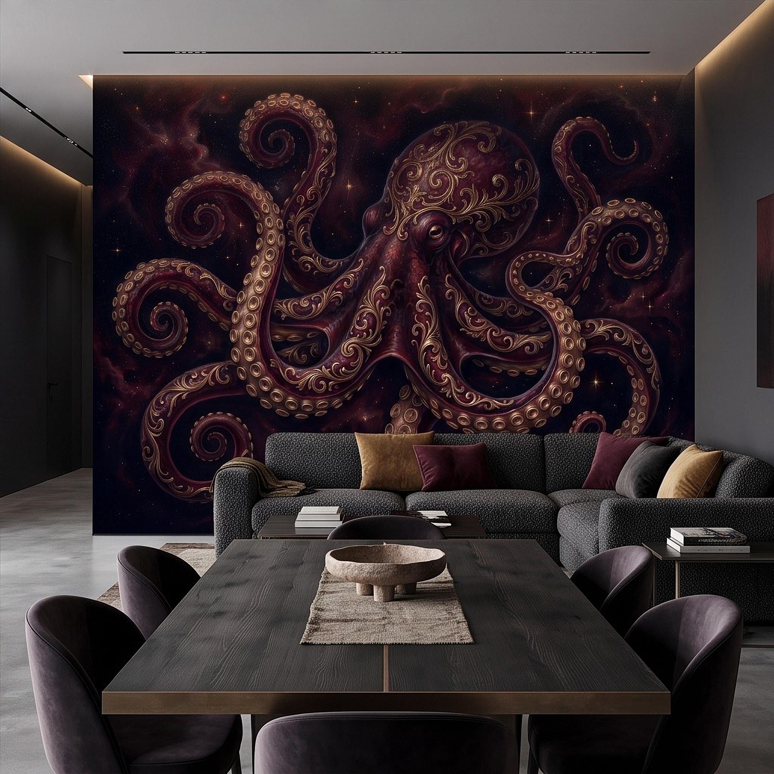 Burgundy Octopus Peel and Stick Wall Mural, Antique Gold Baroque Tentacles, Celestial Cosmic Dark Fantasy Wallpaper