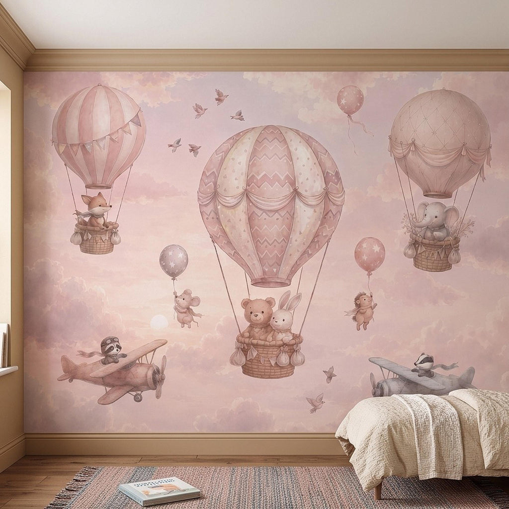 Whimsical Animal Hot Air Balloon Adventure Peel and Stick Wall Mural, Vintage Airplanes Pastel Clouds Storybook Kids Wallpaper