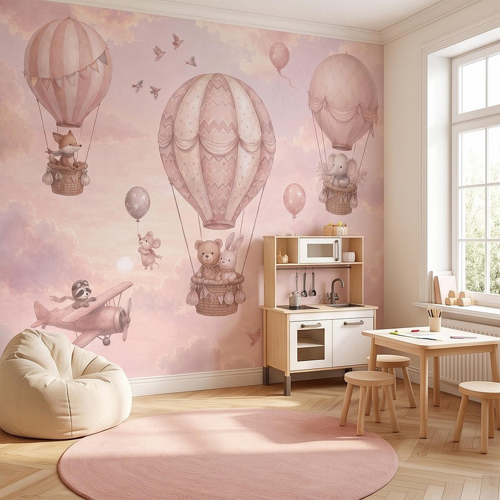 Whimsical Animal Hot Air Balloon Adventure Peel and Stick Wall Mural, Vintage Airplanes Pastel Clouds Storybook Kids Wallpaper