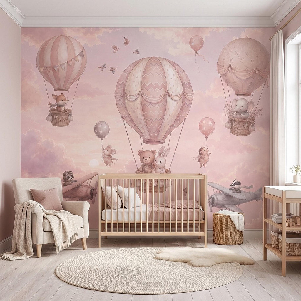 Whimsical Animal Hot Air Balloon Adventure Peel and Stick Wall Mural, Vintage Airplanes Pastel Clouds Storybook Kids Wallpaper