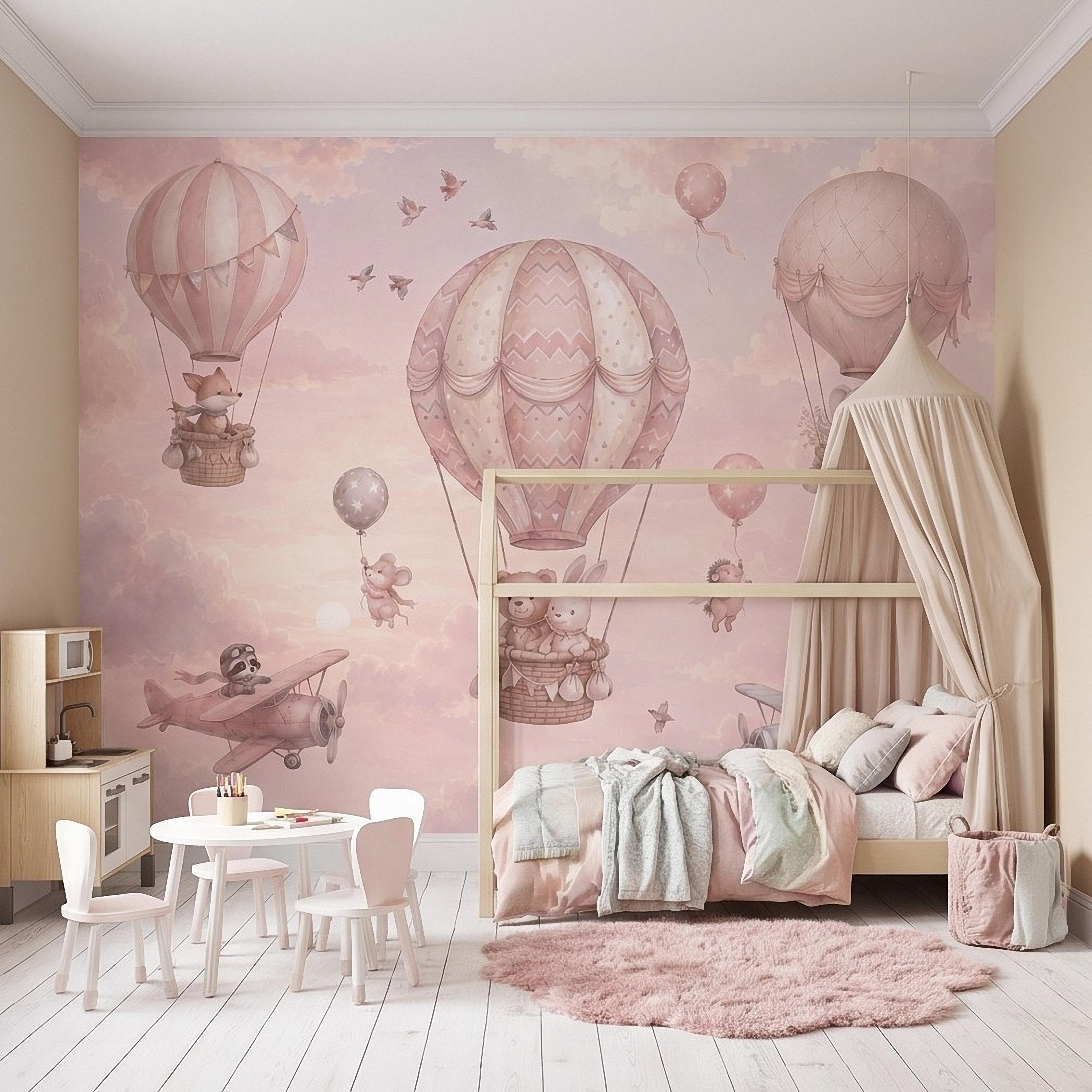Whimsical Animal Hot Air Balloon Adventure Peel and Stick Wall Mural, Vintage Airplanes Pastel Clouds Storybook Kids Wallpaper