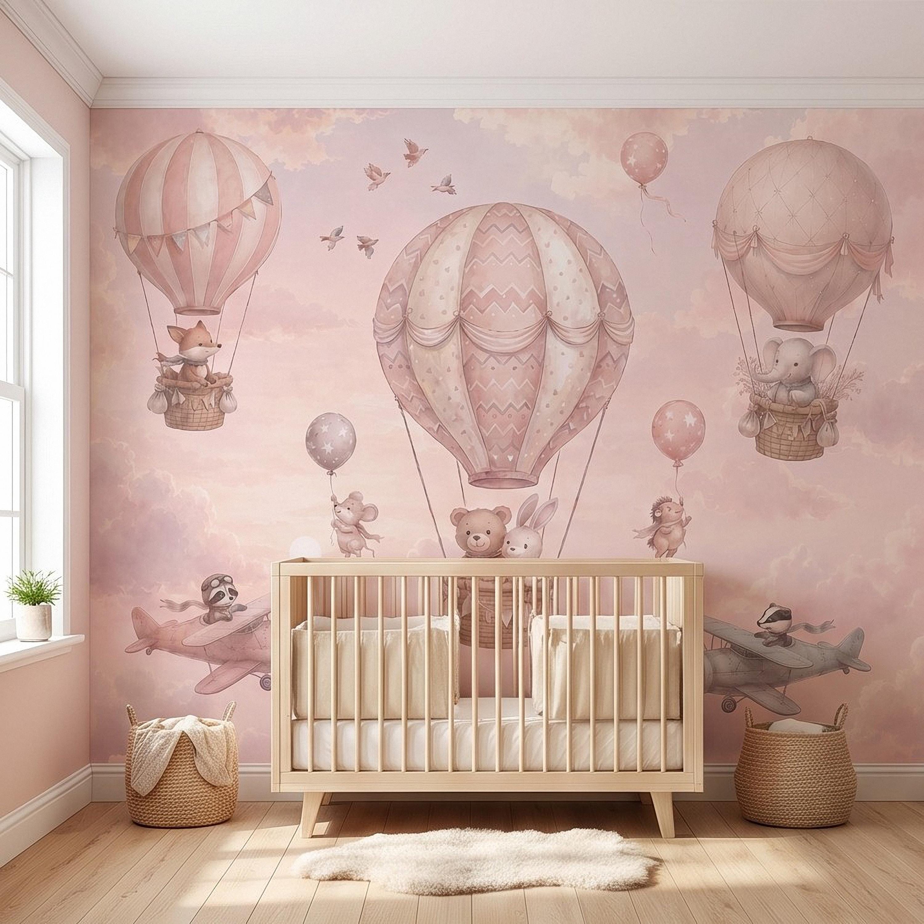 Whimsical Animal Hot Air Balloon Adventure Peel and Stick Wall Mural, Vintage Airplanes Pastel Clouds Storybook Kids Wallpaper