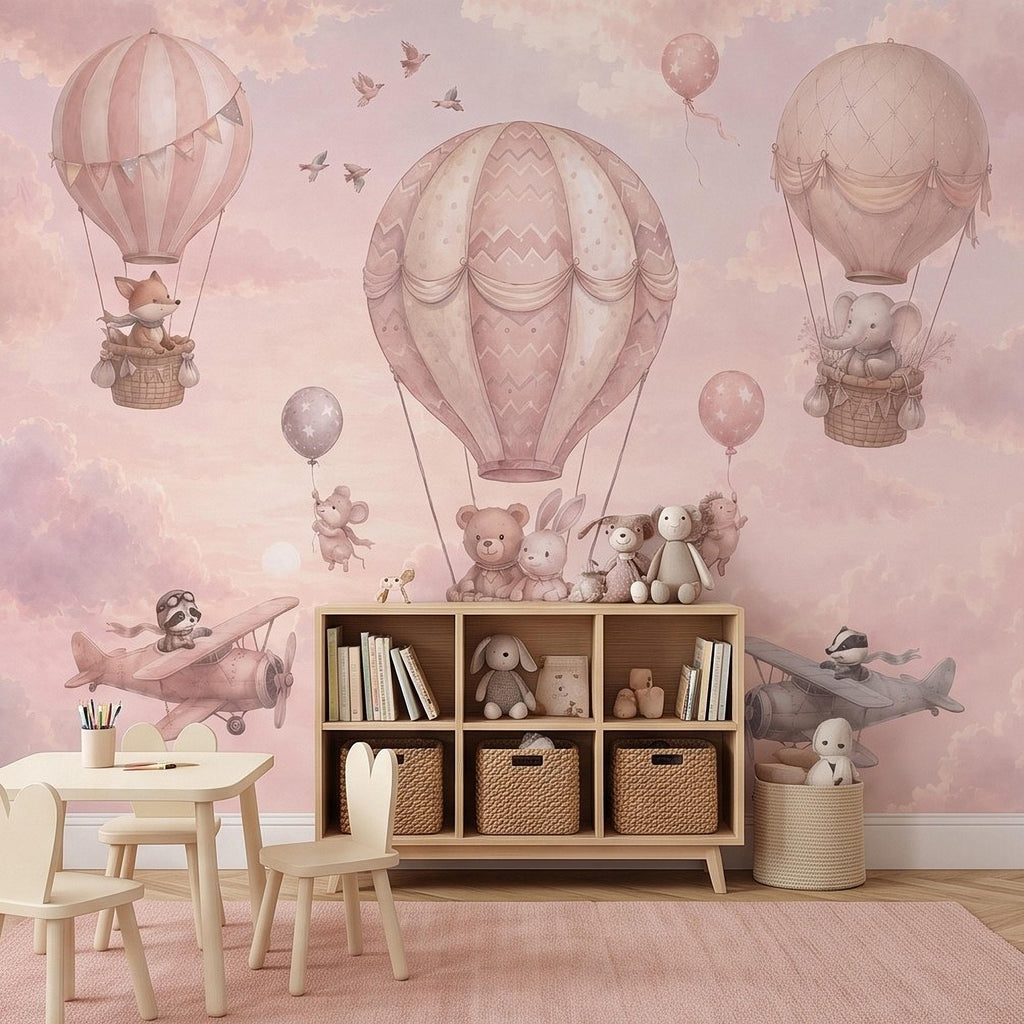 Whimsical Animal Hot Air Balloon Adventure Peel and Stick Wall Mural, Vintage Airplanes Pastel Clouds Storybook Kids Wallpaper