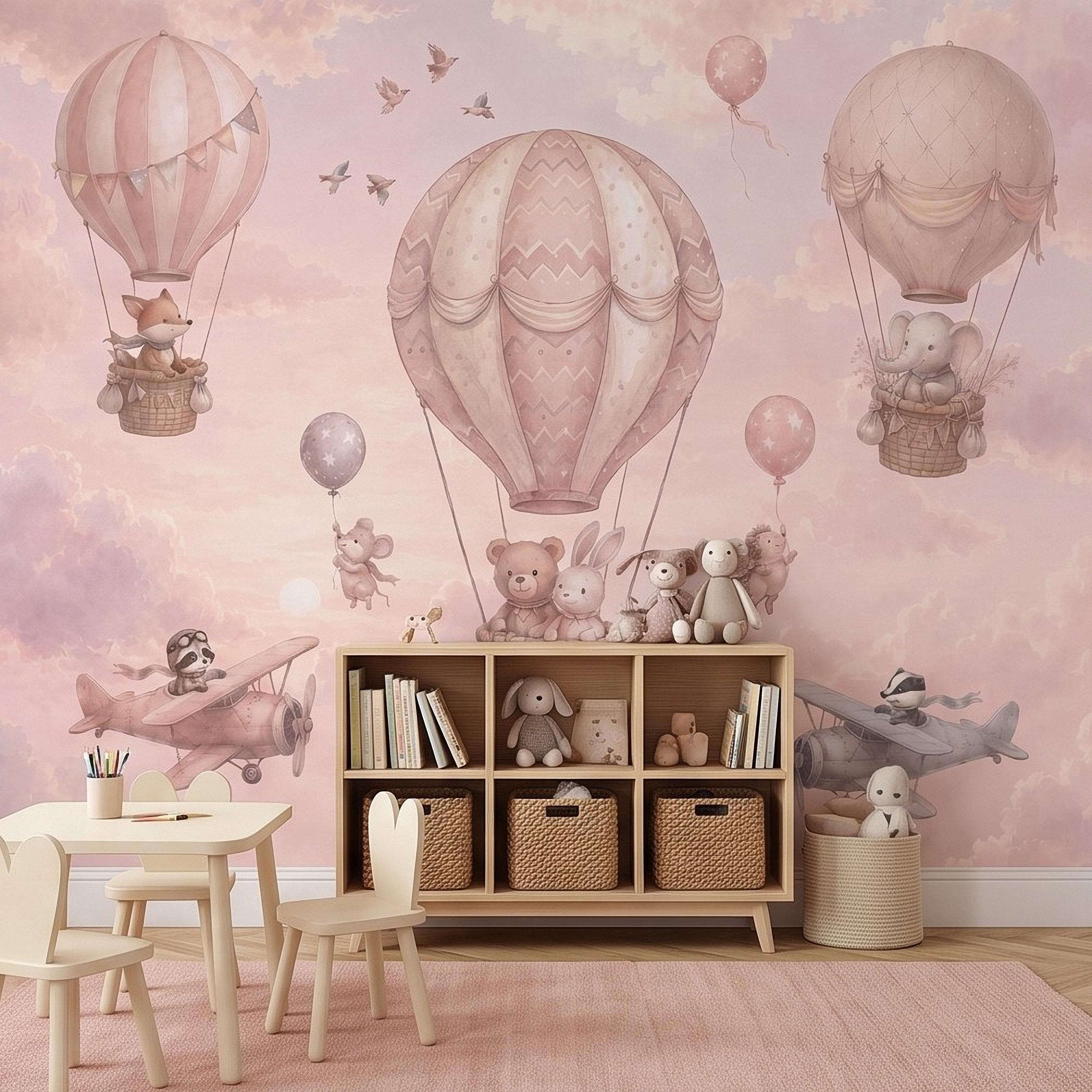 Whimsical Animal Hot Air Balloon Adventure Peel and Stick Wall Mural, Vintage Airplanes Pastel Clouds Storybook Kids Wallpaper