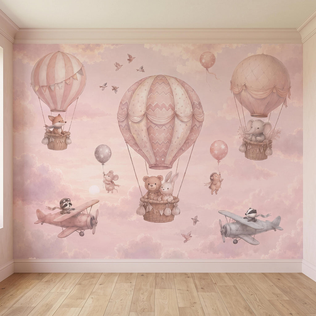 Whimsical Animal Hot Air Balloon Adventure Peel and Stick Wall Mural, Vintage Airplanes Pastel Clouds Storybook Kids Wallpaper