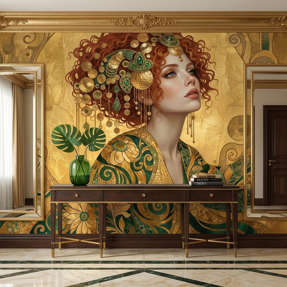 Art Nouveau Woman Peel and Stick Wall Mural, Emerald Green Gold Portrait Ornate Floral Mosaic Vintage Decorative Wallpaper - The Fine Art Murals