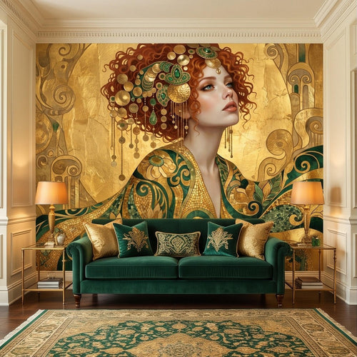 Art Nouveau Woman Peel and Stick Wall Mural, Emerald Green Gold Portrait Ornate Floral Mosaic Vintage Decorative Wallpaper - The Fine Art Murals