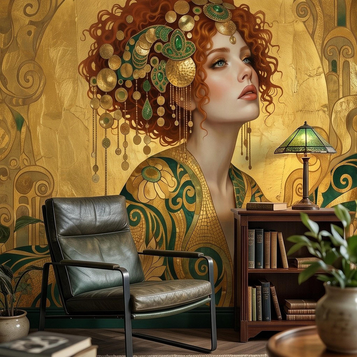 Art Nouveau Woman Peel and Stick Wall Mural, Emerald Green Gold Portrait Ornate Floral Mosaic Vintage Decorative Wallpaper - The Fine Art Murals