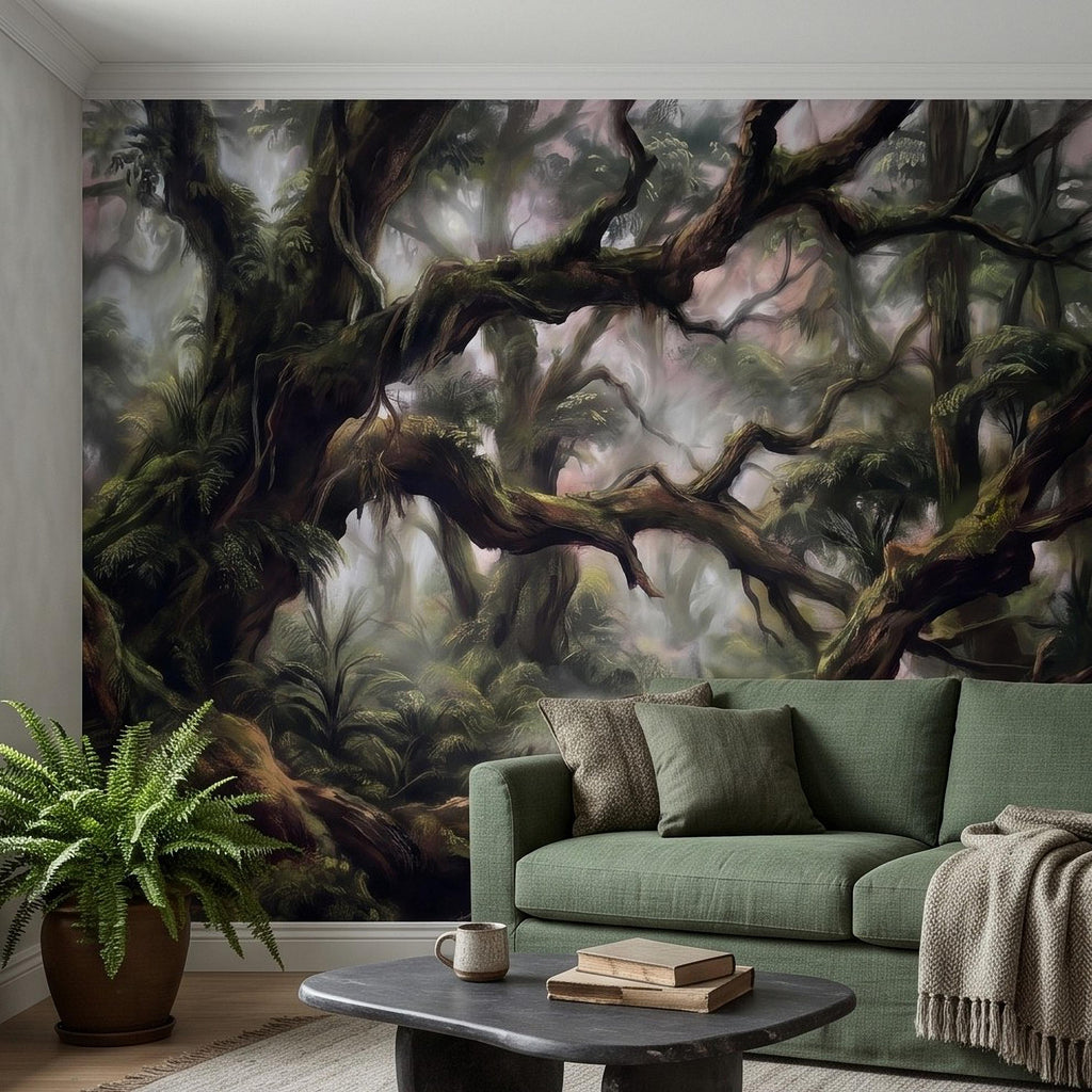 Misty Rainforest Peel and Stick Wall Mural, Ancient Mossy Trees Lush Tropical Forest Moody Nature Landscape Wallpaper