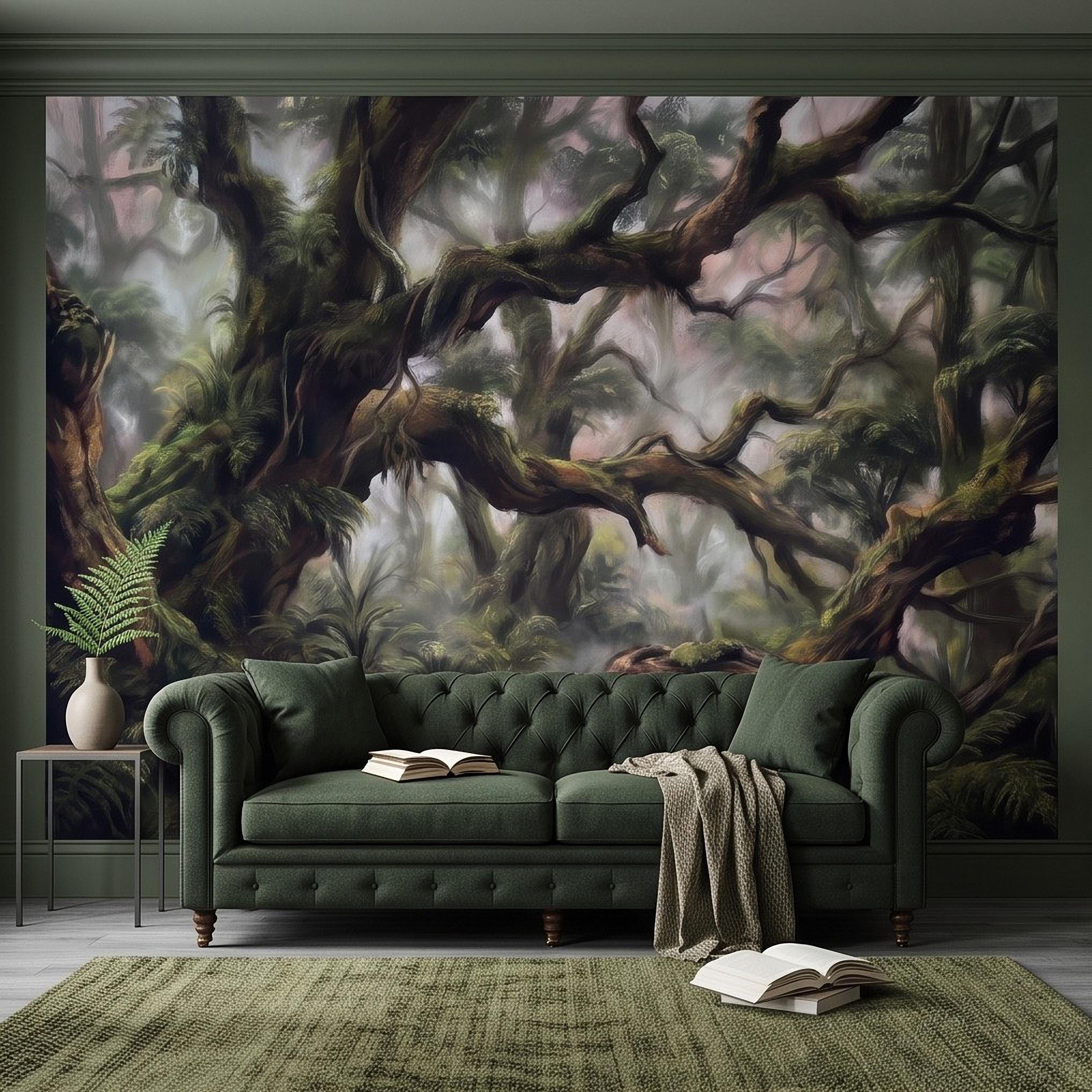 Misty Rainforest Peel and Stick Wall Mural, Ancient Mossy Trees Lush Tropical Forest Moody Nature Landscape Wallpaper