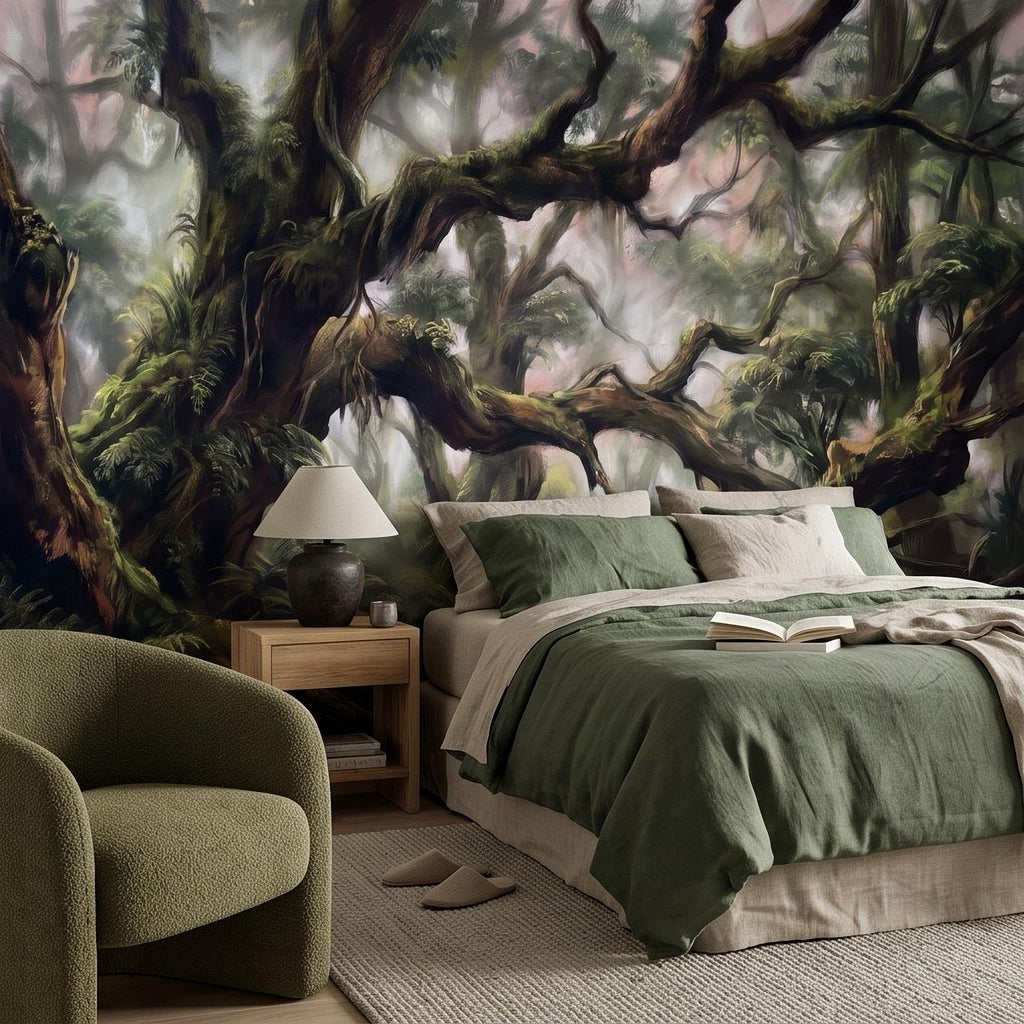 Misty Rainforest Peel and Stick Wall Mural, Ancient Mossy Trees Lush Tropical Forest Moody Nature Landscape Wallpaper