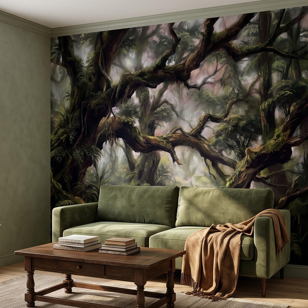 Misty Rainforest Peel and Stick Wall Mural, Ancient Mossy Trees Lush Tropical Forest Moody Nature Landscape Wallpaper