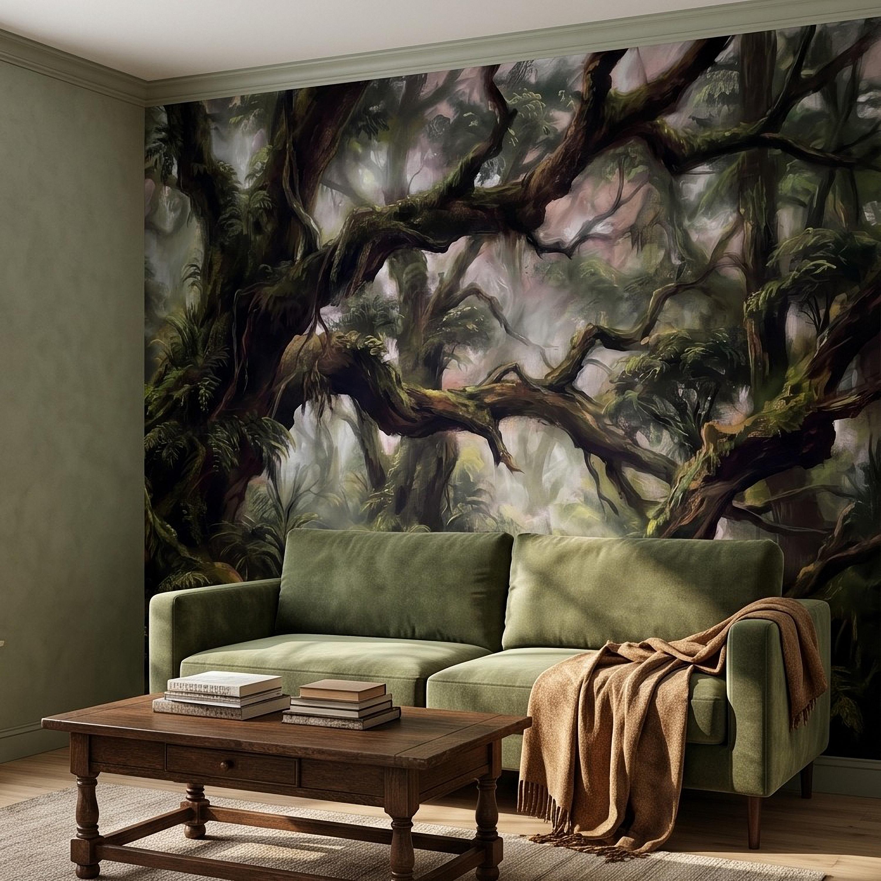 Misty Rainforest Peel and Stick Wall Mural, Ancient Mossy Trees Lush Tropical Forest Moody Nature Landscape Wallpaper